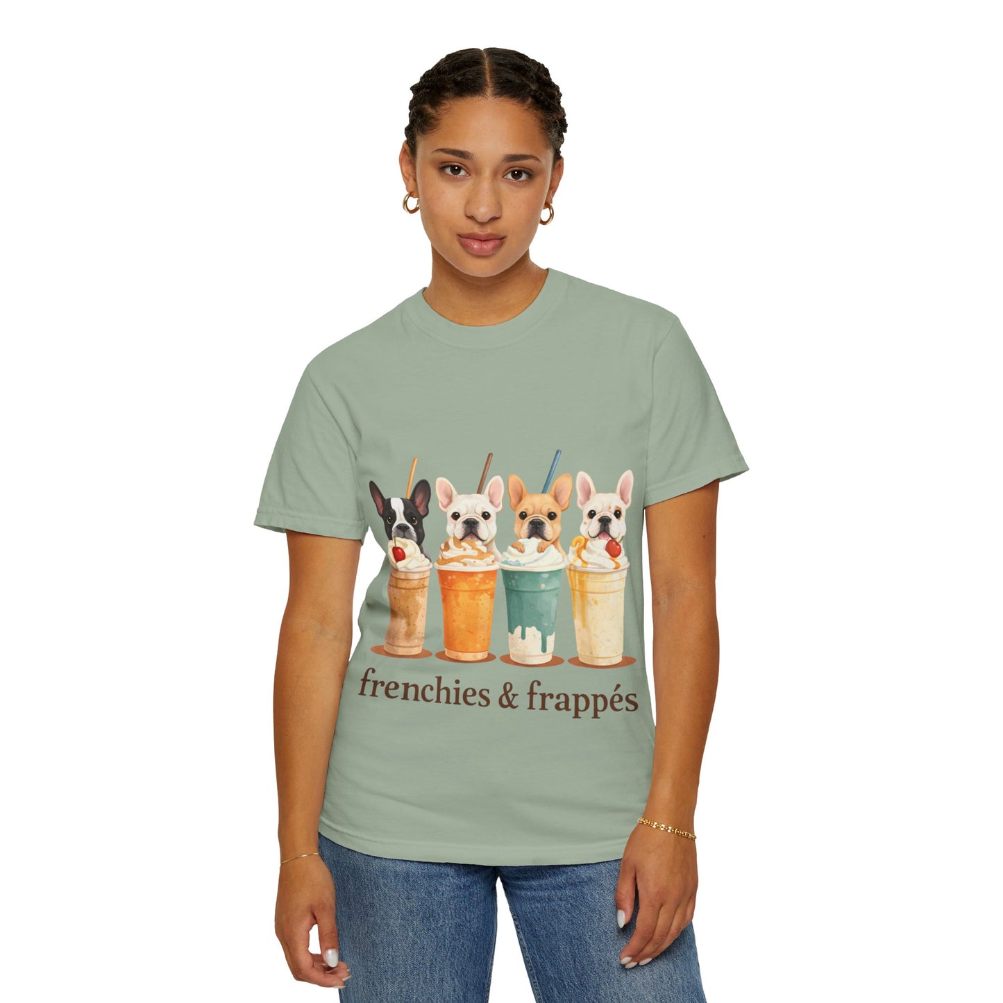 Frenchies & Frappés Shirt, French Bulldog Coffee Shirt, Cute Frenchie Café Tee, Coffee Lover Dog Shirt, Dog Mom Gift, French Bulldog Graphic Tee