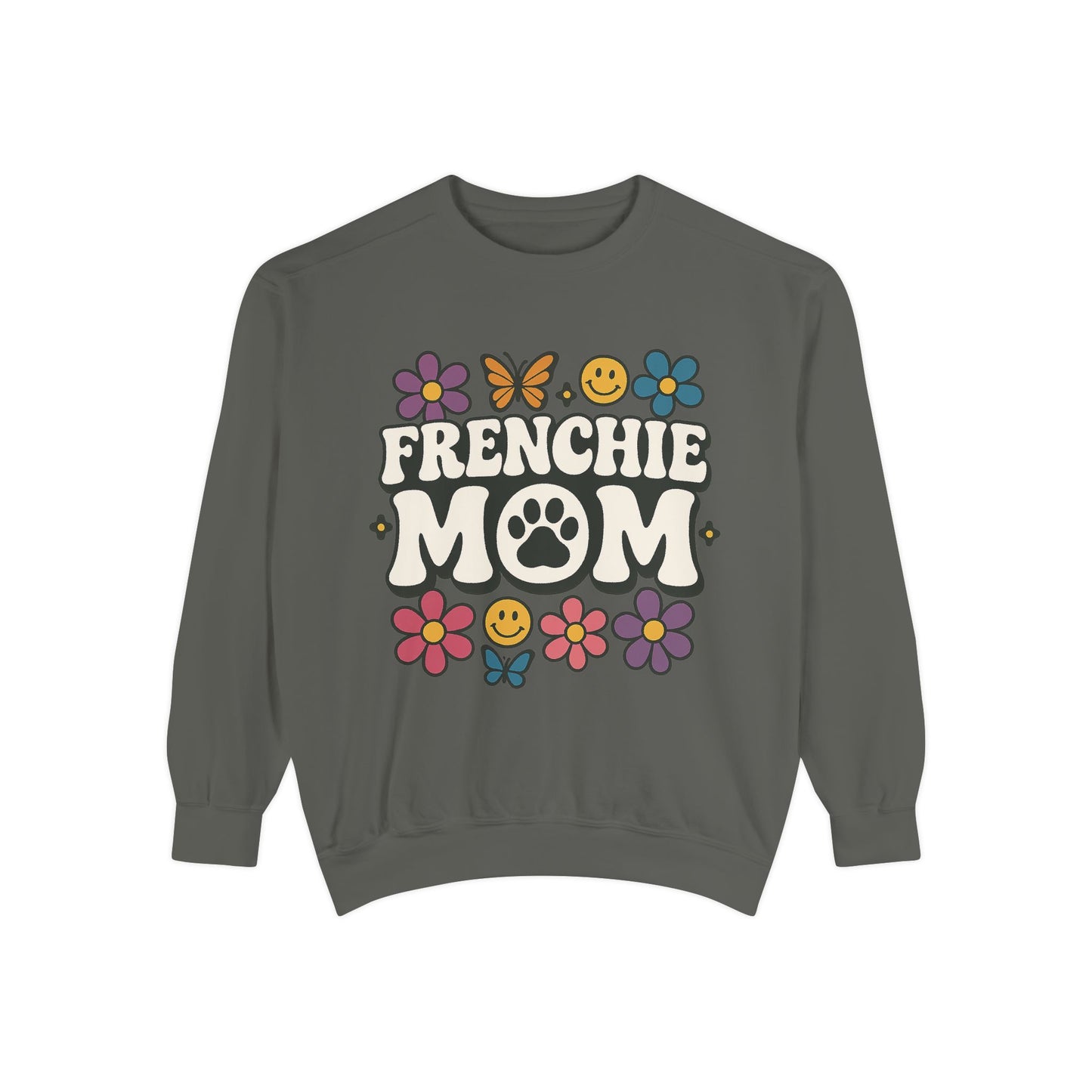 Frenchie Mom Sweatshirt | Retro Groovy Dog Lover Pullover | Smiley Flower French Bulldog Crewneck | Cute Colorful Dog Mom Sweater