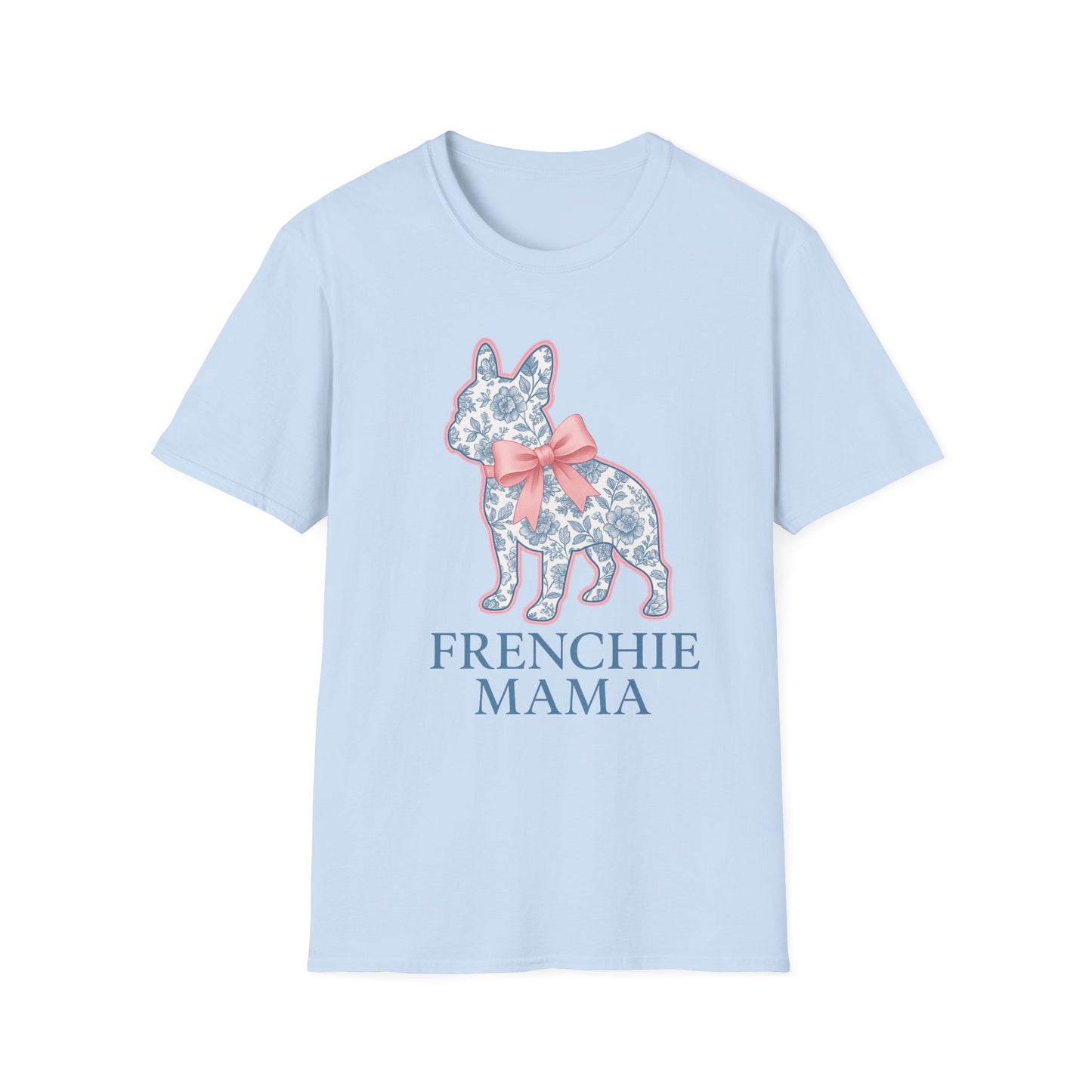 Frenchie Mama Shirt – Floral French Bulldog Silhouette Tee with Pink Bow, Dog Mom Gift, Cute Frenchie Lover T-Shirt, Pastel Dog Mom Apparel
