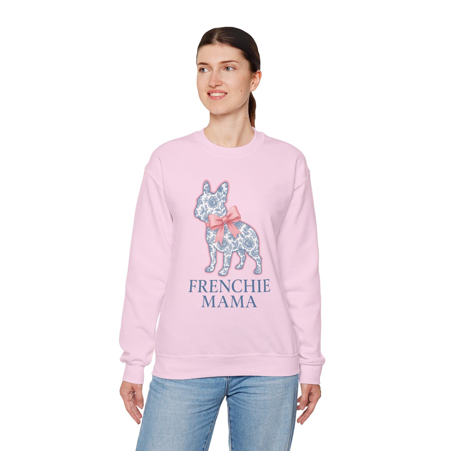 Frenchie Mama Sweatshirt – Blue Floral French Bulldog with Pink Bow, Cute Dog Mom Crewneck, French Bulldog Lover Gift, Cozy Dog Mom Sweater