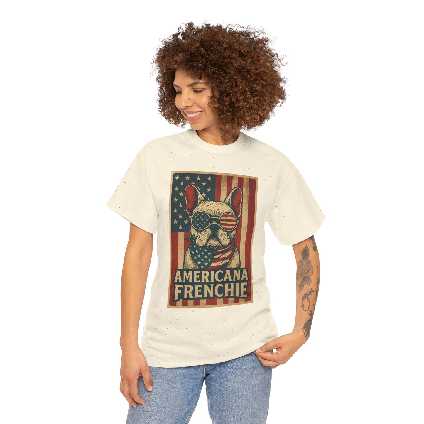 Americana Frenchie T-Shirt – Patriotic French Bulldog Tee, USA Flag Dog Shirt, 4th of July Frenchie Gift, Vintage Retro Style