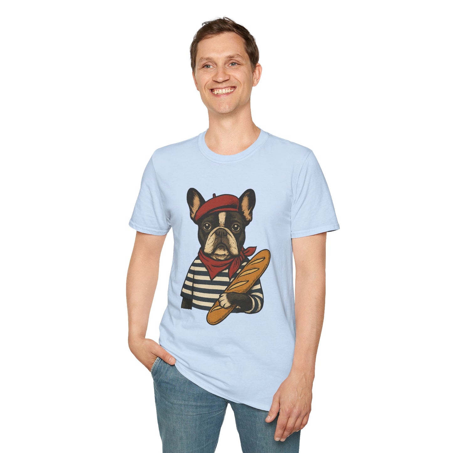 French Bulldog Parisian T-Shirt – Cute Frenchie in Beret & Stripes with Baguette – Funny Dog Lover Tee, French Style Dog Shirt, Gift for Frenchie Moms