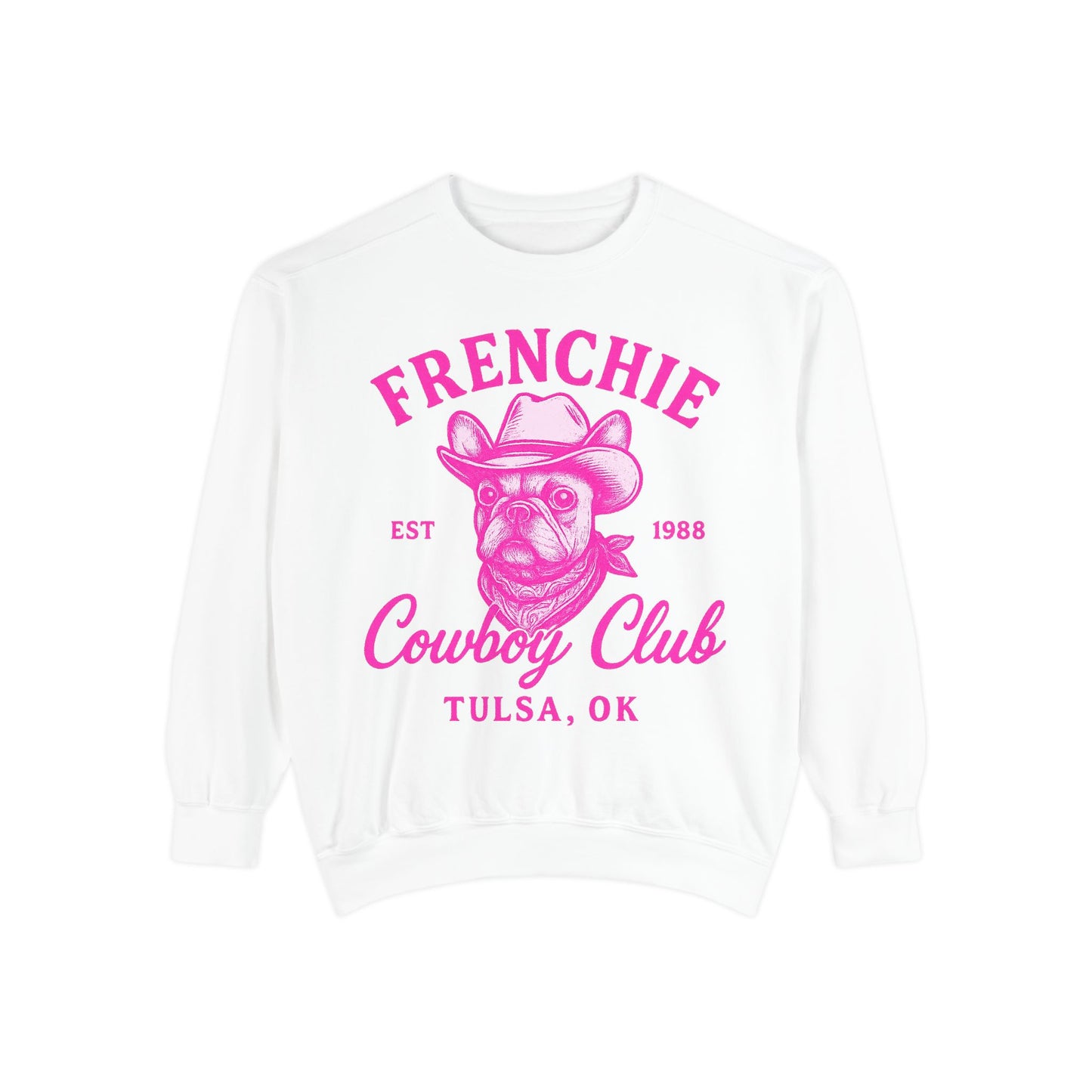 Frenchie Cowboy Club Sweatshirt | Western French Bulldog Pullover | Retro Country Dog Lover Crewneck | Tulsa Oklahoma Cowboy Graphic Sweater