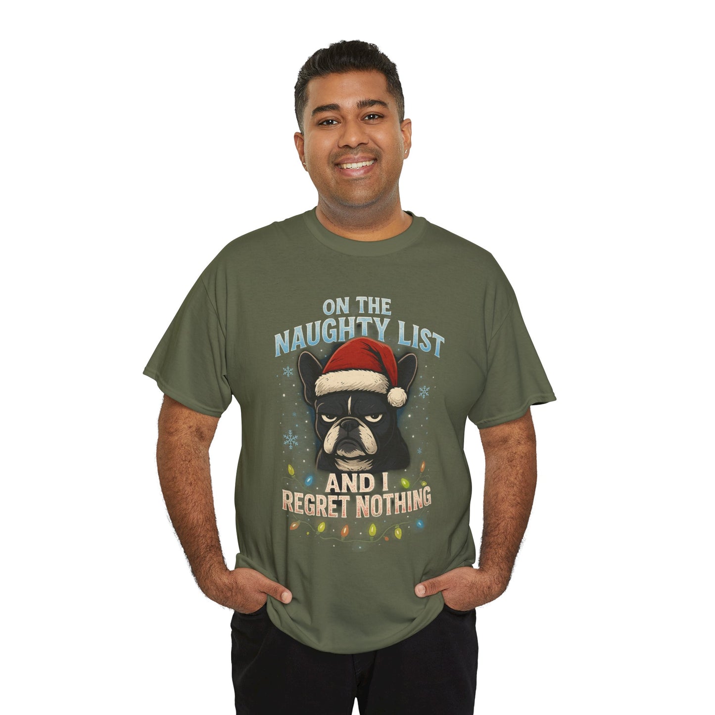 On The Naughty List Frenchie Christmas Shirt | Funny Holiday Dog Lover Tee | Grumpy French Bulldog Xmas Lights T-Shirt | Cute Pet Gift