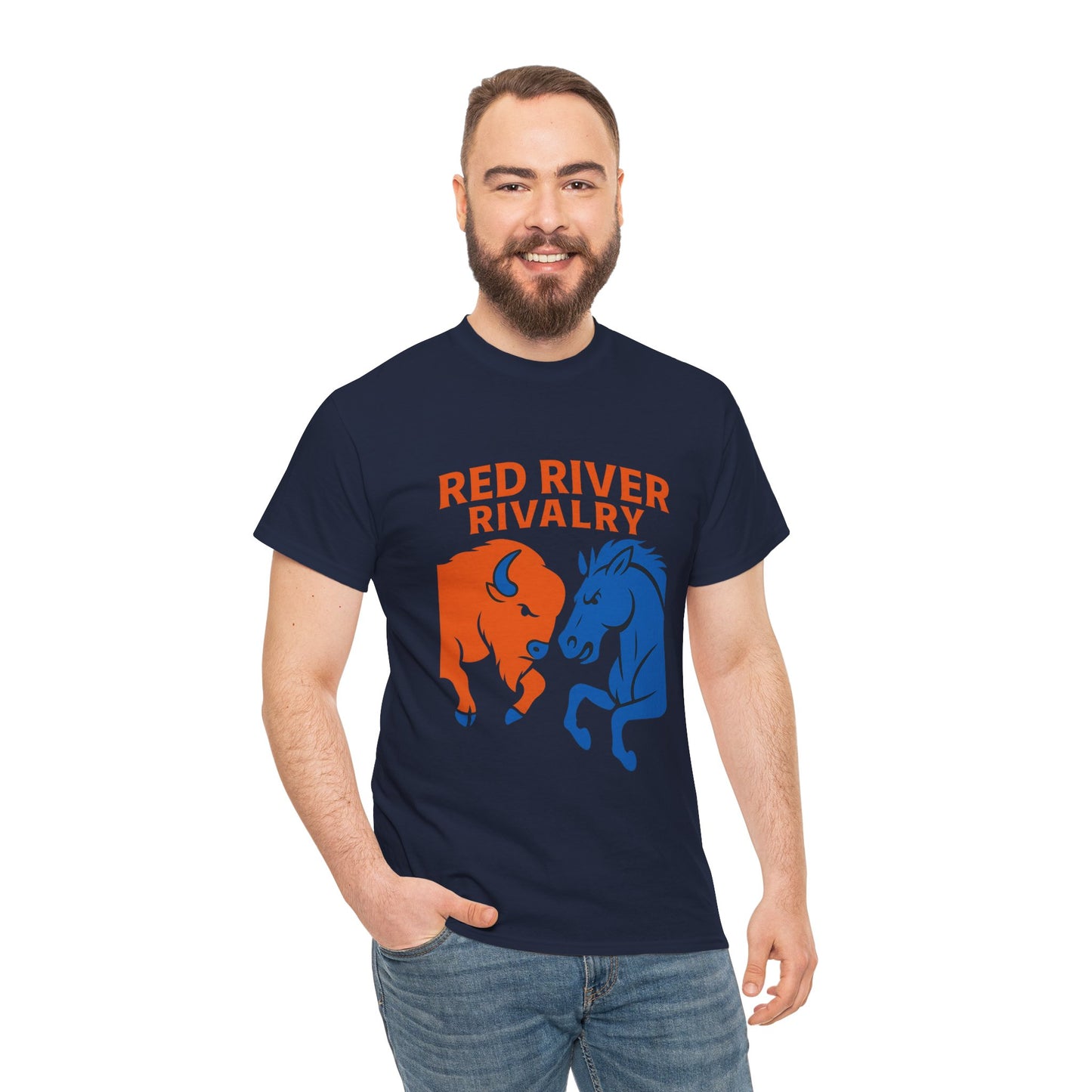 Red River Rivalry T-Shirt – Oklahoma vs Texas-Inspired Tee, Bison and Mustang Game Day Shirt, Blue and Orange Sports Rivalry Graphic