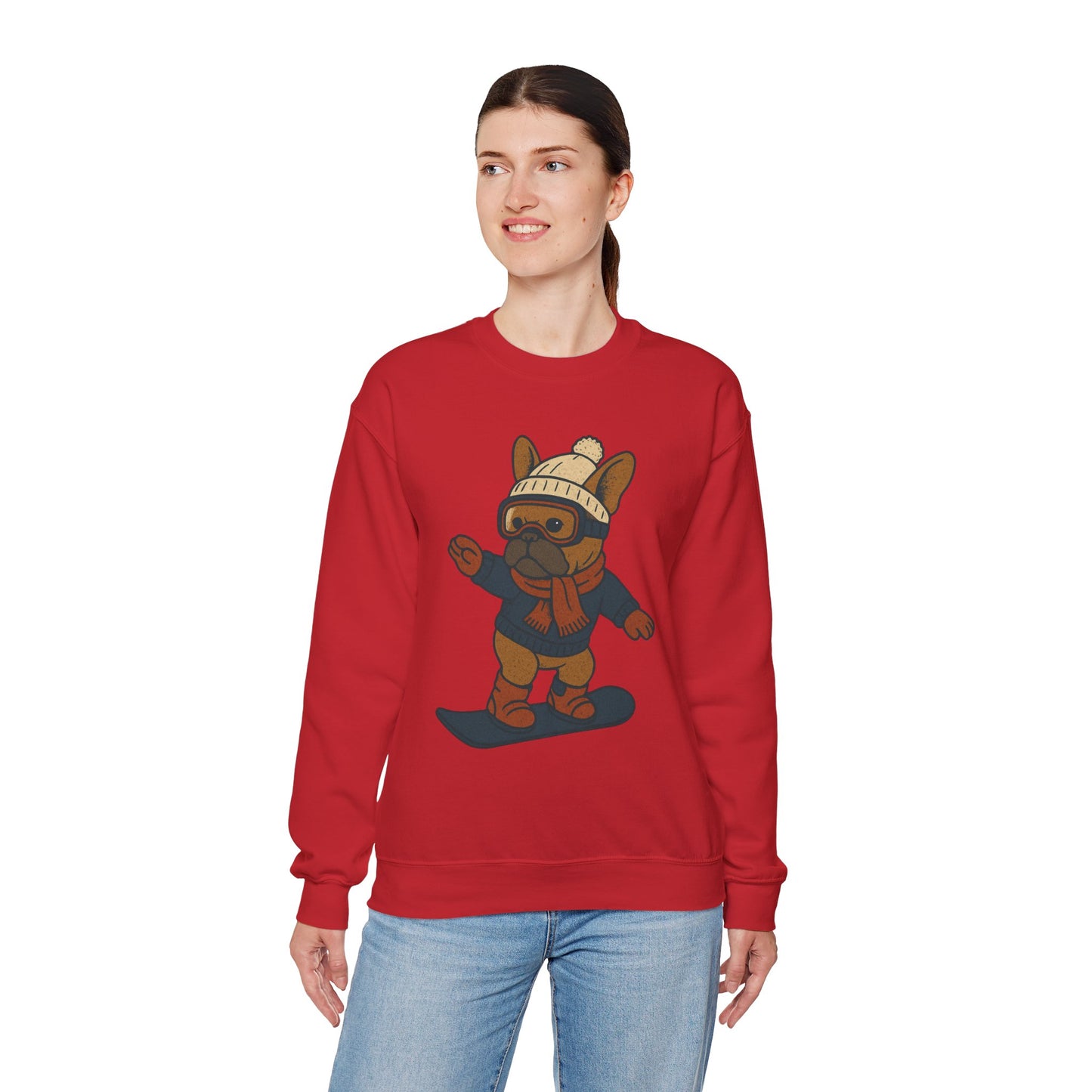 Snowboarding Frenchie Sweatshirt – Cute French Bulldog Winter Sweater, Snowboard Dog Pullover, Cozy Holiday Ski Dog Crewneck, Frenchie Lover Gift