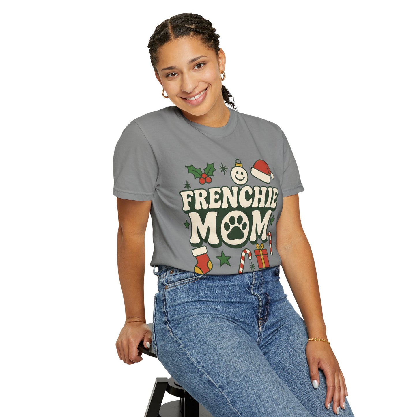 Merry Frenchie Mom T-Shirt | Christmas Dog Mom Tee | Festive French Bulldog Top | Cute Holiday Dog Lover Gift Shirt