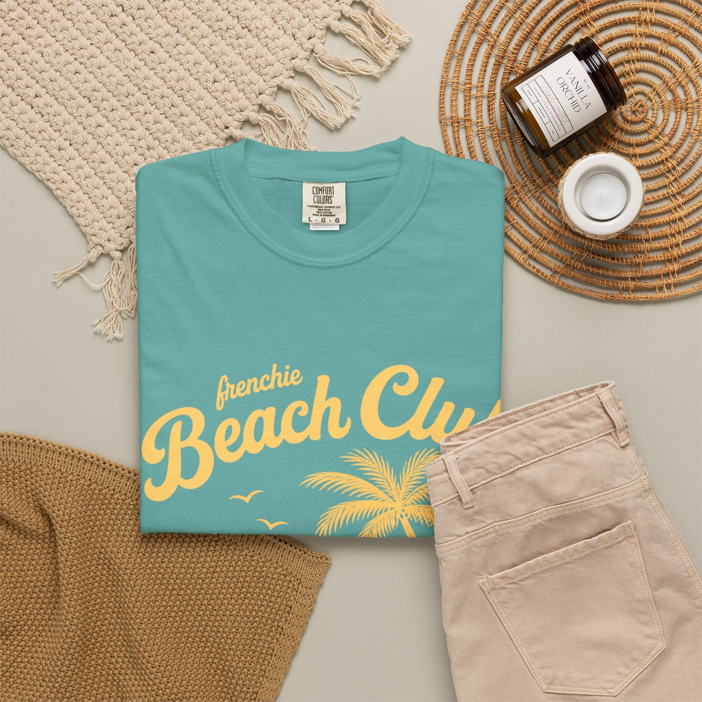 Frenchie Beach Club T-Shirt — Cute French Bulldog Surfing Palm Beach Tee