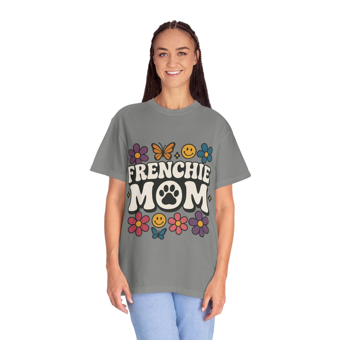 Frenchie Mom T-Shirt | Retro Groovy Dog Lover Tee | Smiley Flower French Bulldog Shirt | Cute Colorful Frenchie Gift for Her
