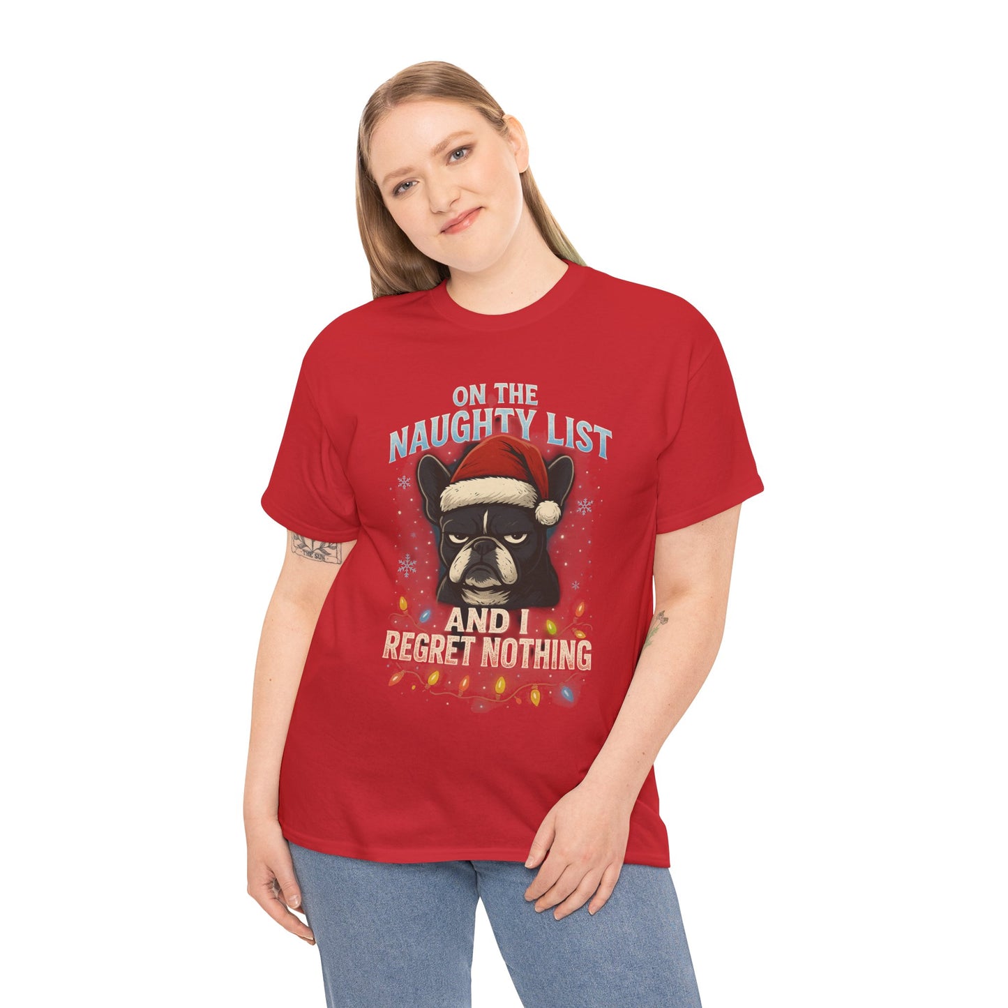 On The Naughty List Frenchie Christmas Shirt | Funny Holiday Dog Lover Tee | Grumpy French Bulldog Xmas Lights T-Shirt | Cute Pet Gift