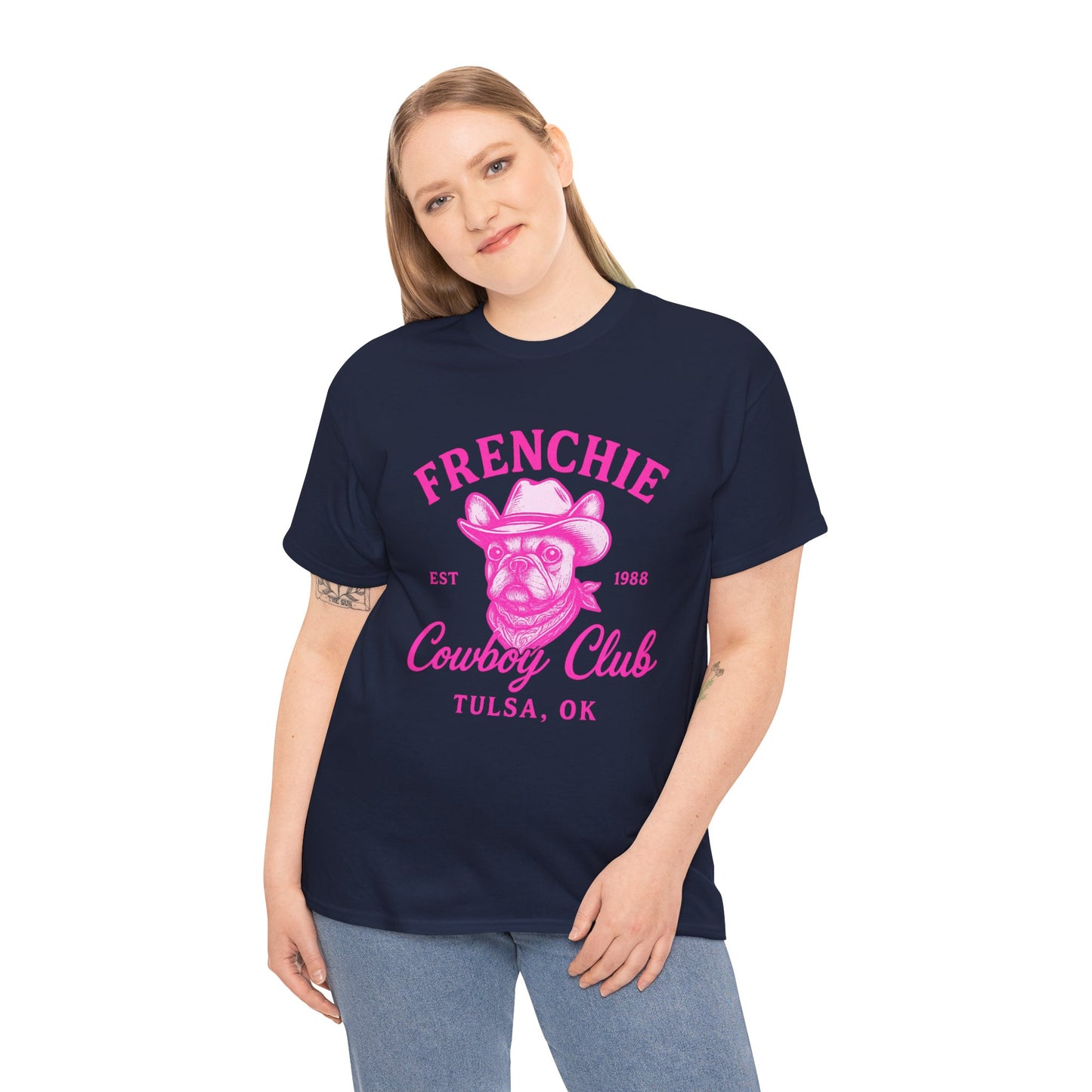Frenchie Cowboy Club Pink T-Shirt | Hot Pink Western Dog Lover Tee | Tulsa OK French Bulldog Shirt