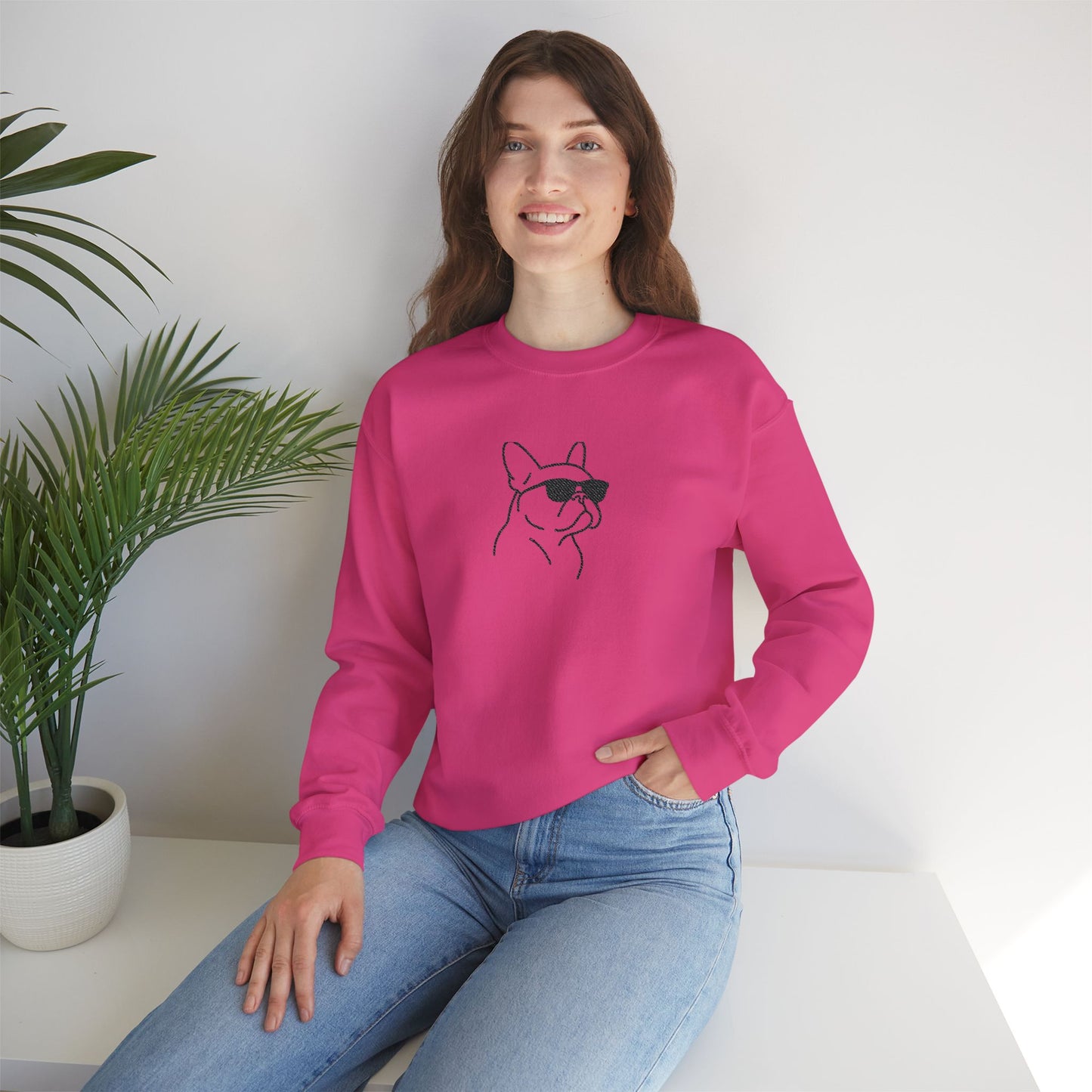 Frenchie in Shades Sweatshirt | Hot Pink French Bulldog Crewneck | Minimal Line Art Dog Lover Gift | Cute Cozy Frenchie Pullover