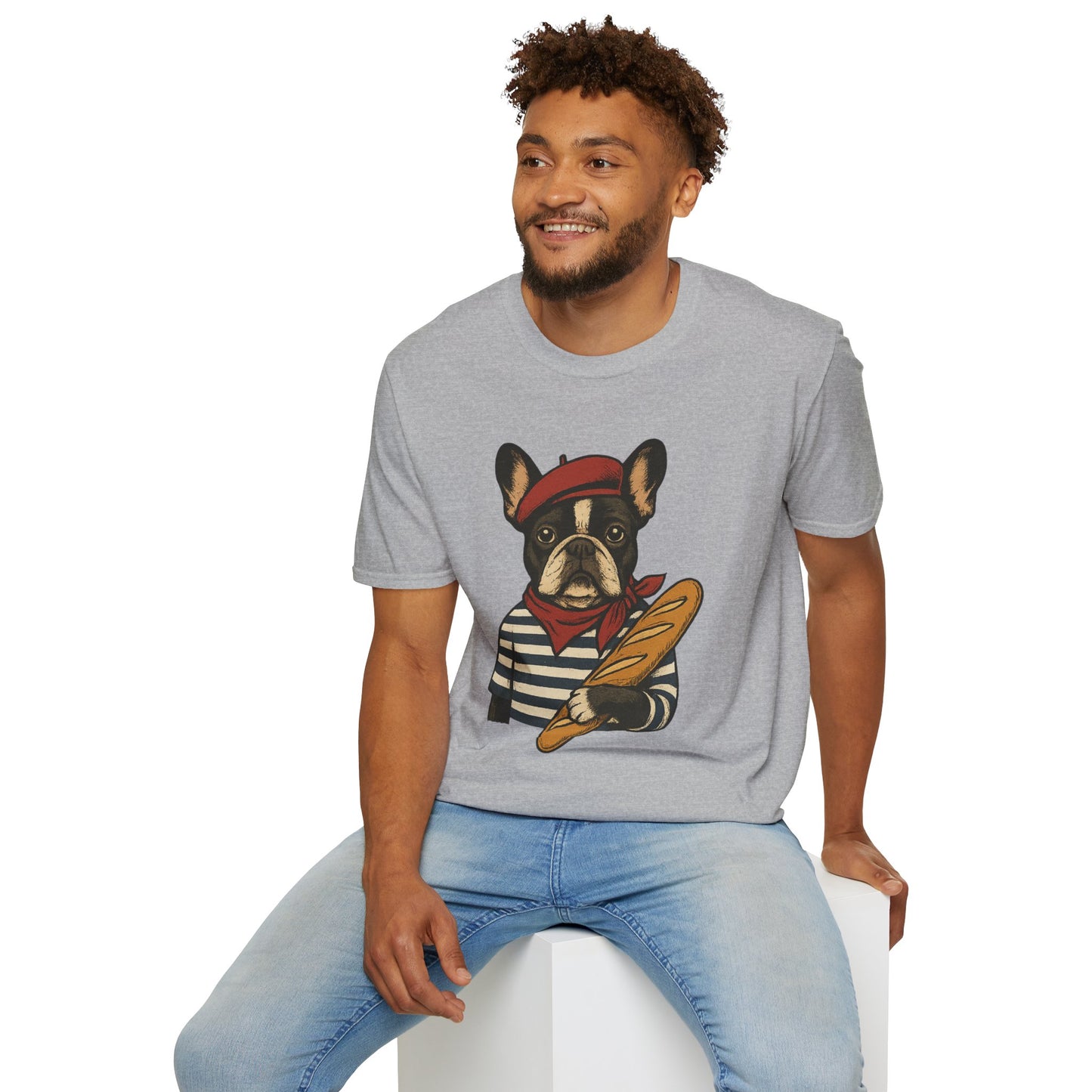 French Bulldog Parisian T-Shirt – Cute Frenchie in Beret & Stripes with Baguette – Funny Dog Lover Tee, French Style Dog Shirt, Gift for Frenchie Moms