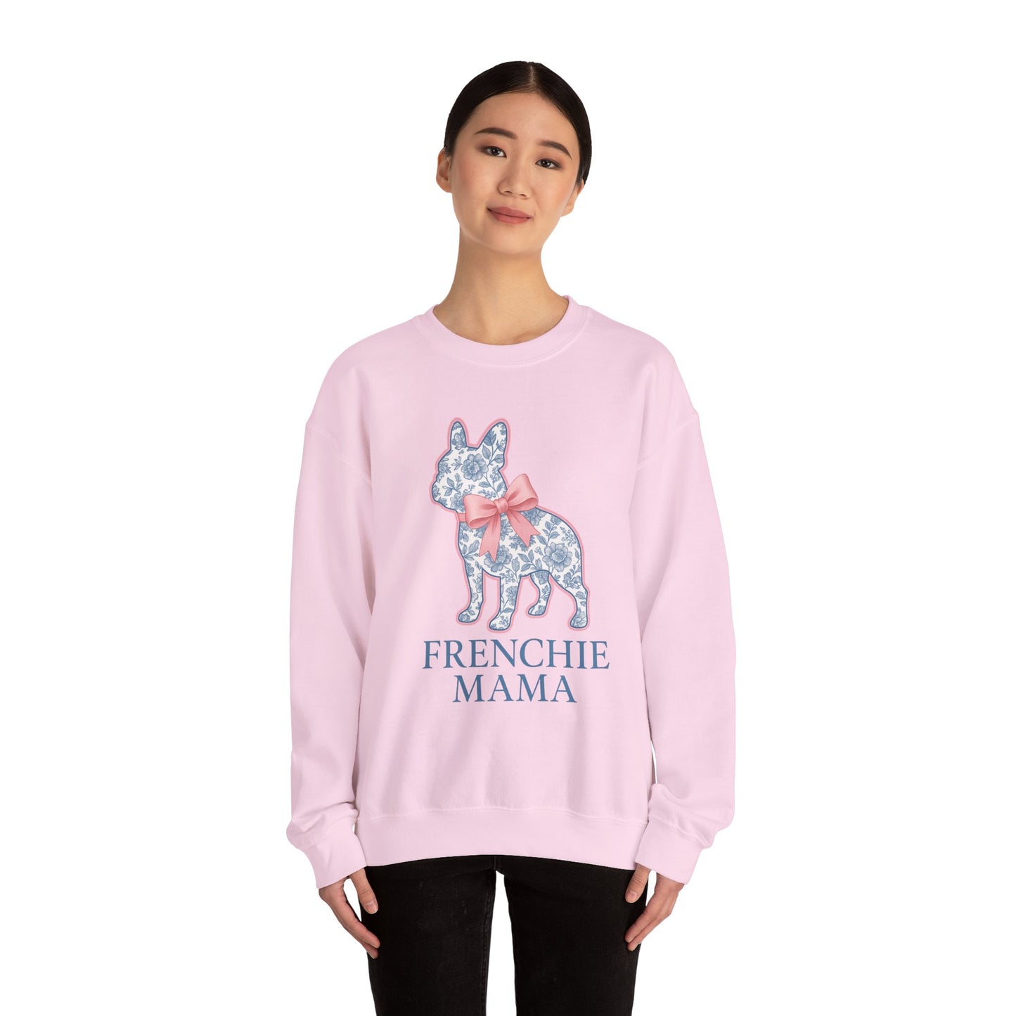 Frenchie Mama Sweatshirt – Blue Floral French Bulldog with Pink Bow, Cute Dog Mom Crewneck, French Bulldog Lover Gift, Cozy Dog Mom Sweater