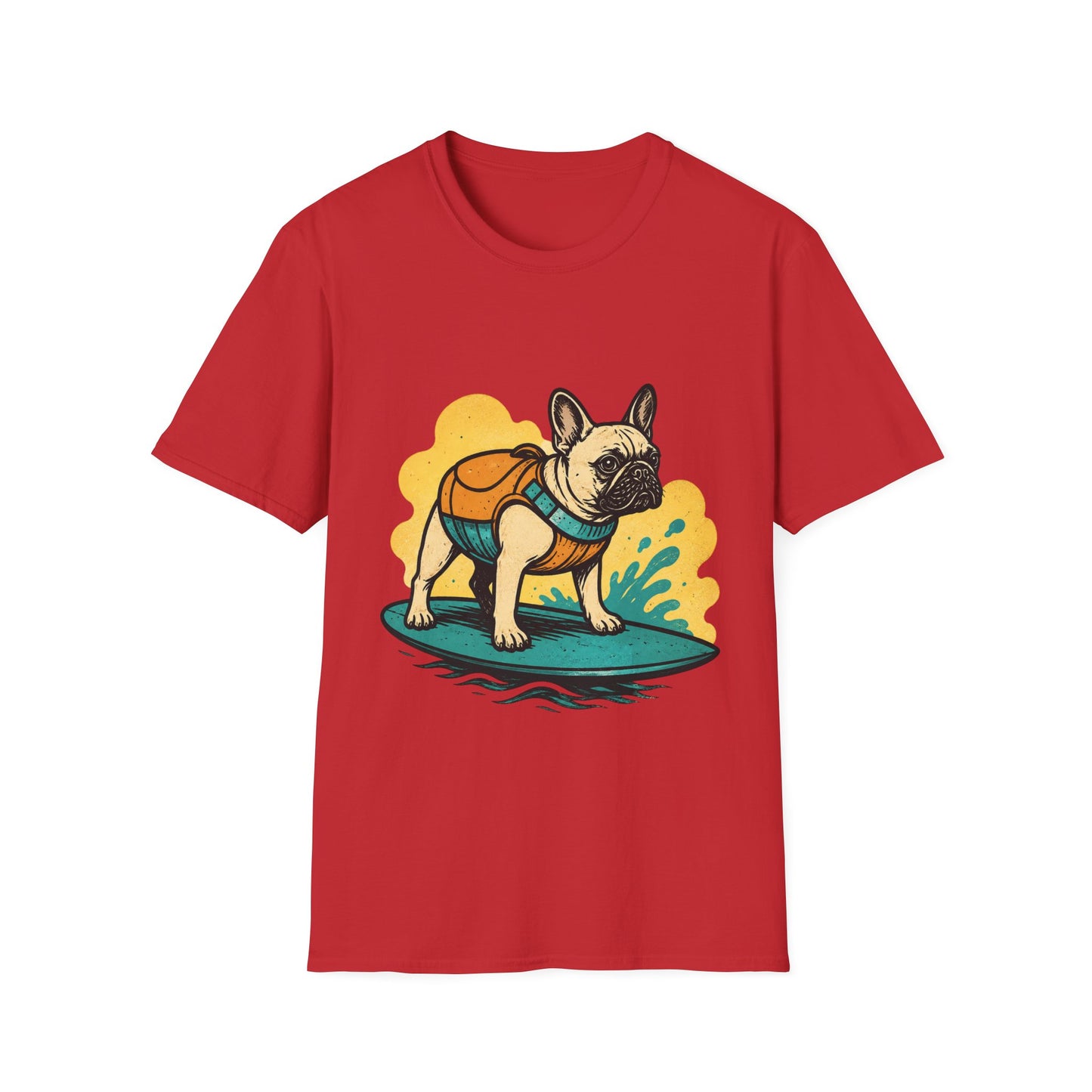 French Bulldog Surf T‑Shirt — Cute Dog with Backpack Beach Tee