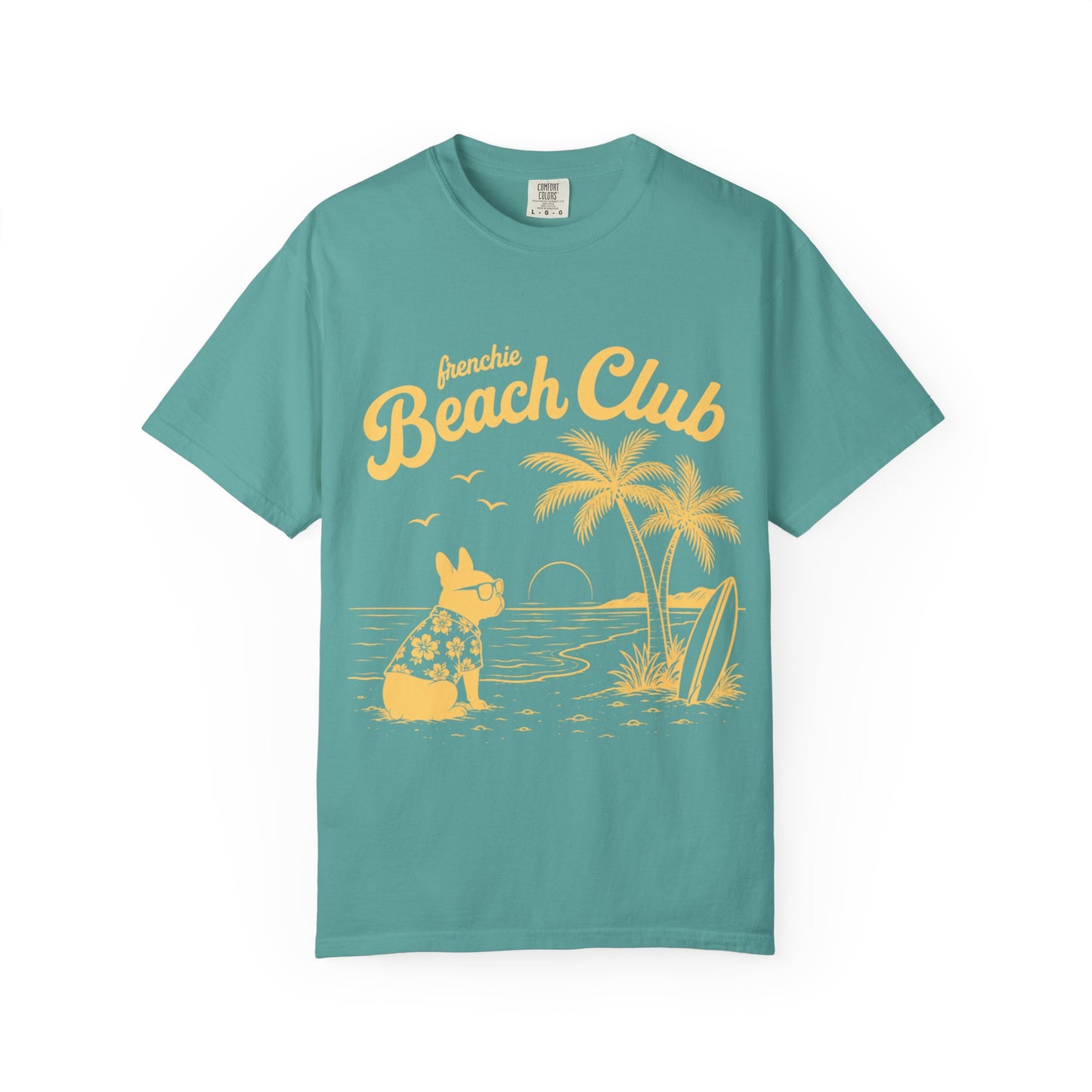 Frenchie Beach Club T-Shirt — Cute French Bulldog Surfing Palm Beach Tee