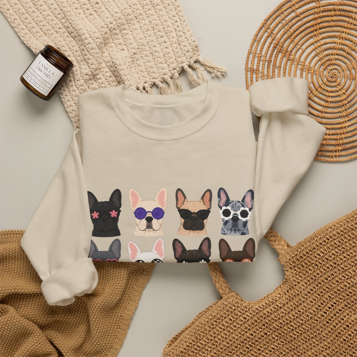 French Bulldog Faces Crewneck Sweatshirt – Cute Sunglasses Dogs Graphic