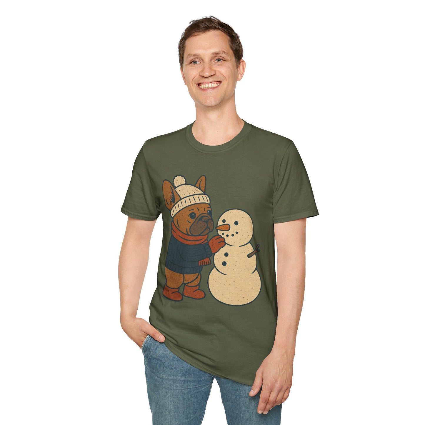 French Bulldog Snowman T-Shirt • Cute Winter Frenchie Tee • Holiday Dog Lover Shirt • Christmas Pup Graphic • Cozy Winter Pet Lover Gift