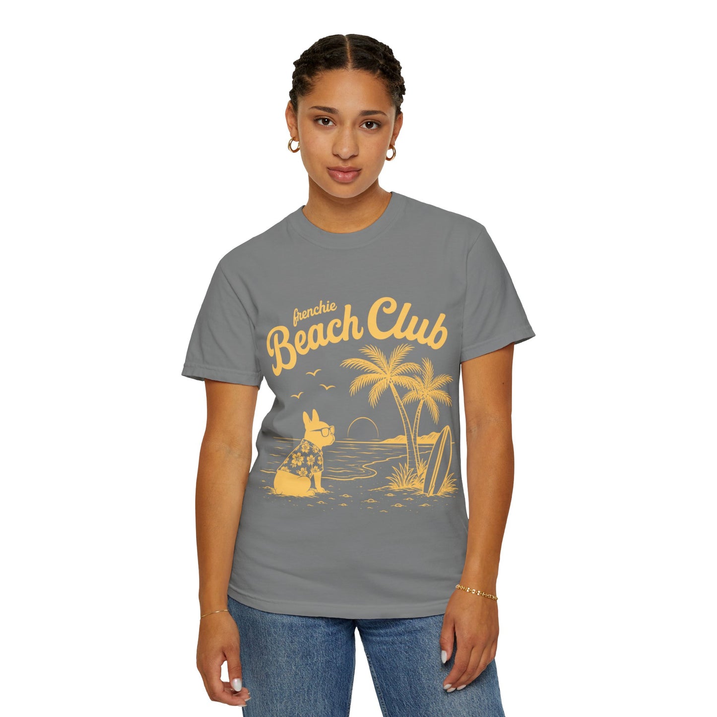 Frenchie Beach Club T-Shirt — Cute French Bulldog Surfing Palm Beach Tee