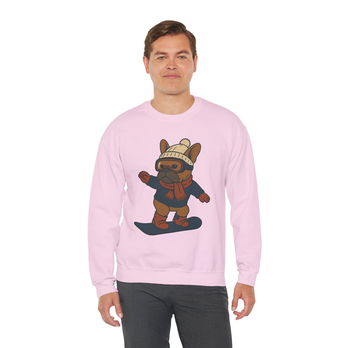 Snowboarding Frenchie Sweatshirt – Cute French Bulldog Winter Sweater, Snowboard Dog Pullover, Cozy Holiday Ski Dog Crewneck, Frenchie Lover Gift