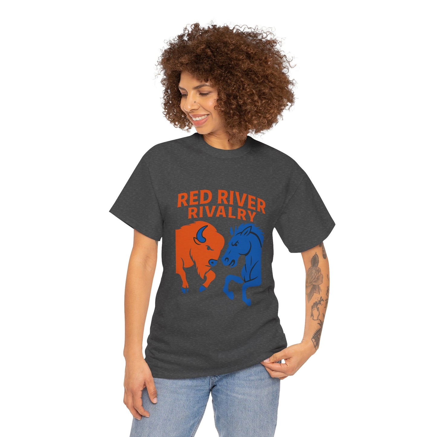 Red River Rivalry T-Shirt – Oklahoma vs Texas-Inspired Tee, Bison and Mustang Game Day Shirt, Blue and Orange Sports Rivalry Graphic