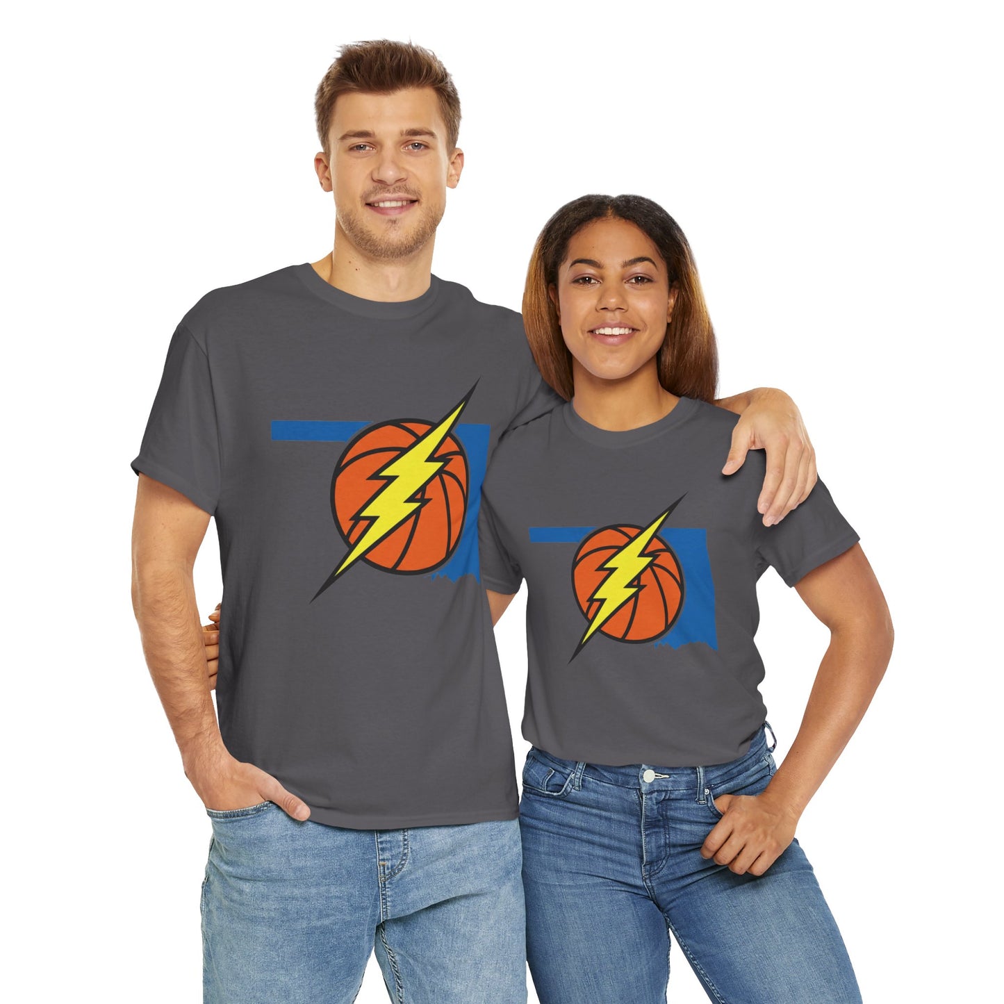 Oklahoma Lightning Basketball T-Shirt | OKC Basketball Inspired Shirt | Blue & Orange Game Day Tee | Oklahoma State Outline Graphic