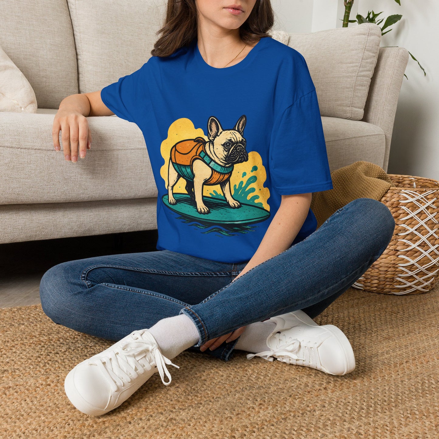 French Bulldog Surf T‑Shirt — Cute Dog with Backpack Beach Tee