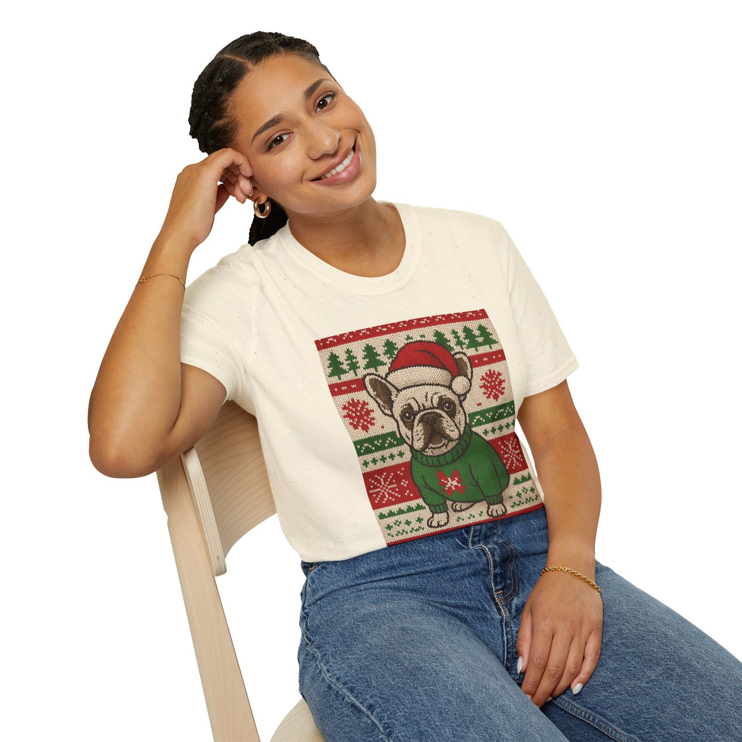 Frenchie Christmas T-Shirt – Cute French Bulldog Ugly Sweater Style Tee, Holiday Dog Lover Shirt, Funny Christmas Frenchie Gift
