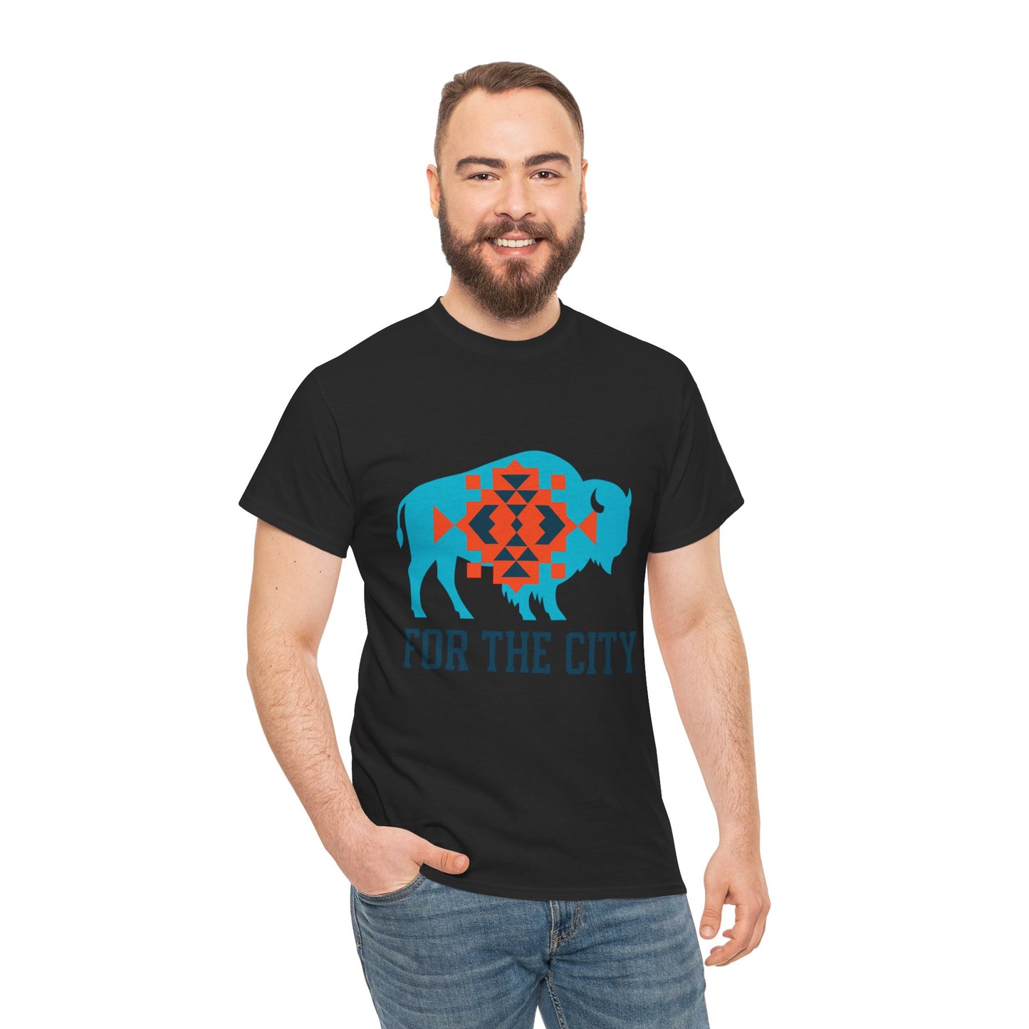 For The City Tribal Bison T-Shirt | Oklahoma Pride Tee | Blue & Orange Southwestern Bison Graphic | OKC Fan Inspired Shirt | Local Oklahoma Gift