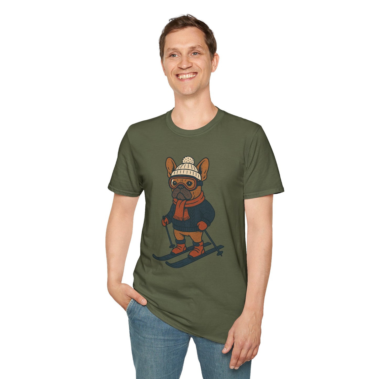 French Bulldog Skiing T-Shirt, Winter Frenchie Shirt, Ski Dog Graphic Tee, Cute Snow Dog Gift, Funny Frenchie Lover Shirt, Skiing Pup Tee