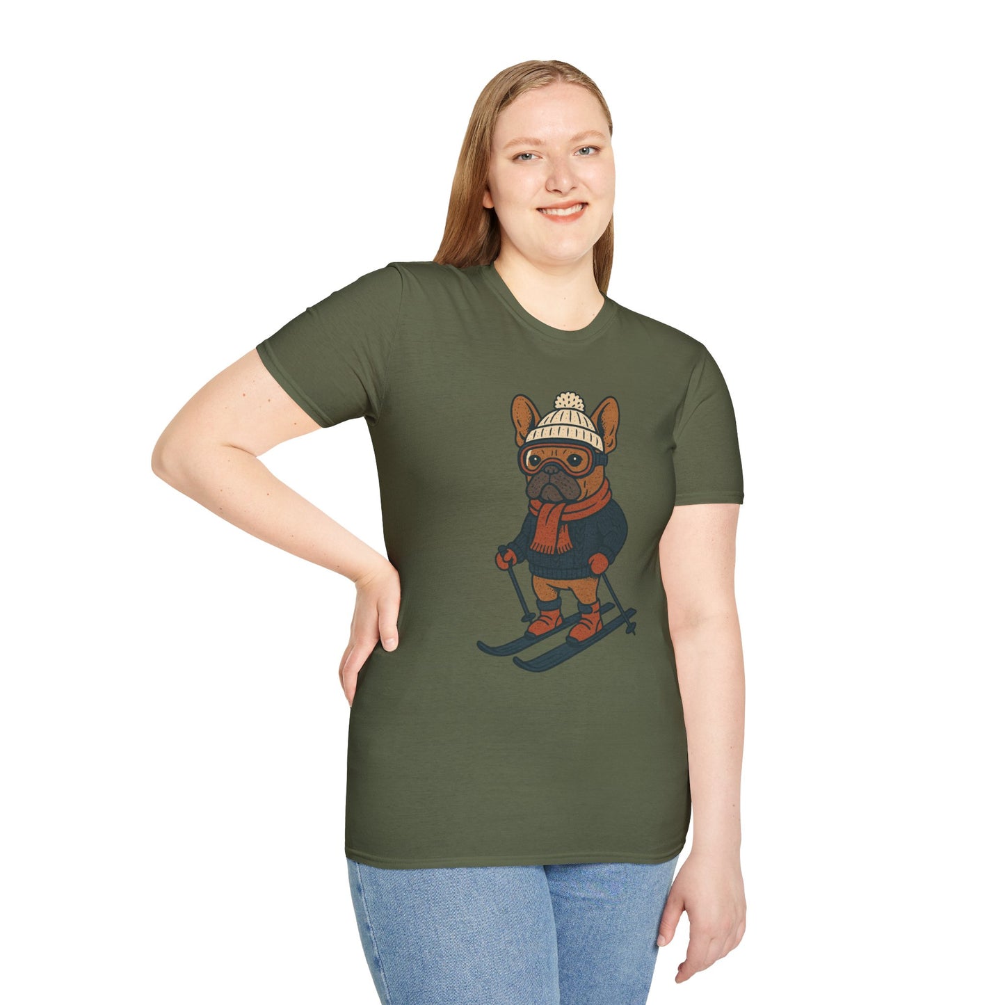 French Bulldog Skiing T-Shirt, Winter Frenchie Shirt, Ski Dog Graphic Tee, Cute Snow Dog Gift, Funny Frenchie Lover Shirt, Skiing Pup Tee