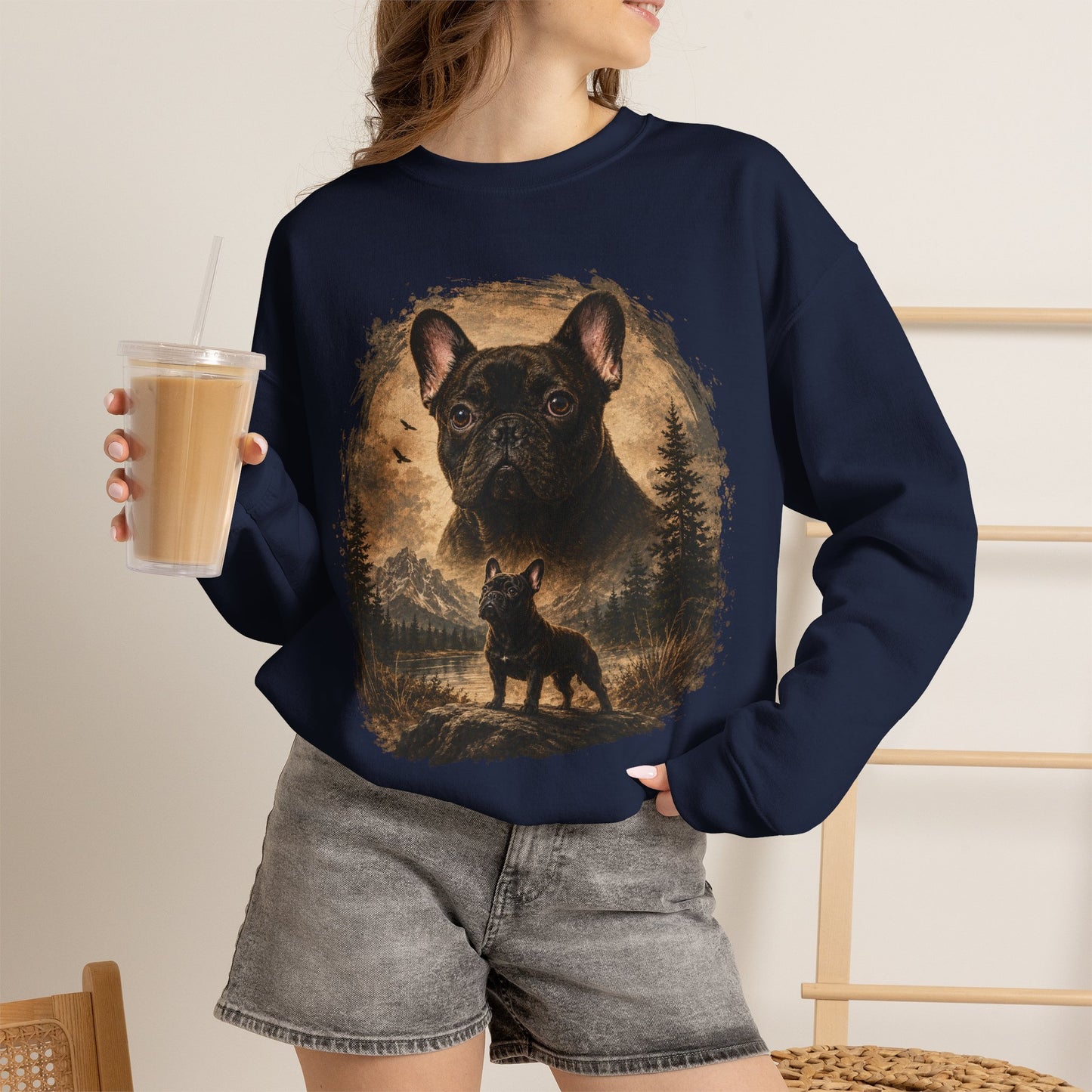 Black French Bulldog Sweatshirt, Rustic Frenchie Crewneck, Vintage Nature French Bulldog Sweatshirt, Dog Lover Gift, Black Frenchie Pullover, Camping Sweatshirt, Cozy Dog Apparel