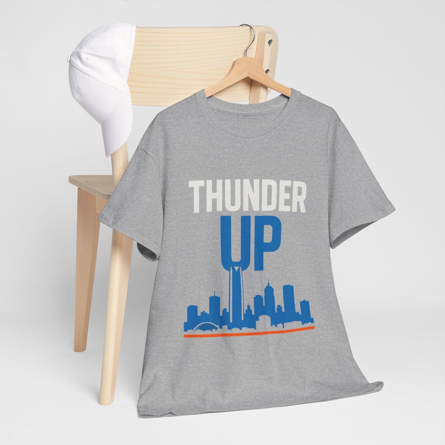 Thunder Up Oklahoma City Skyline Shirt – OKC Basketball Fan Tee, Blue & Orange City Skyline Graphic, Oklahoma Hoops Spirit Wear, Game Day T-Shirt