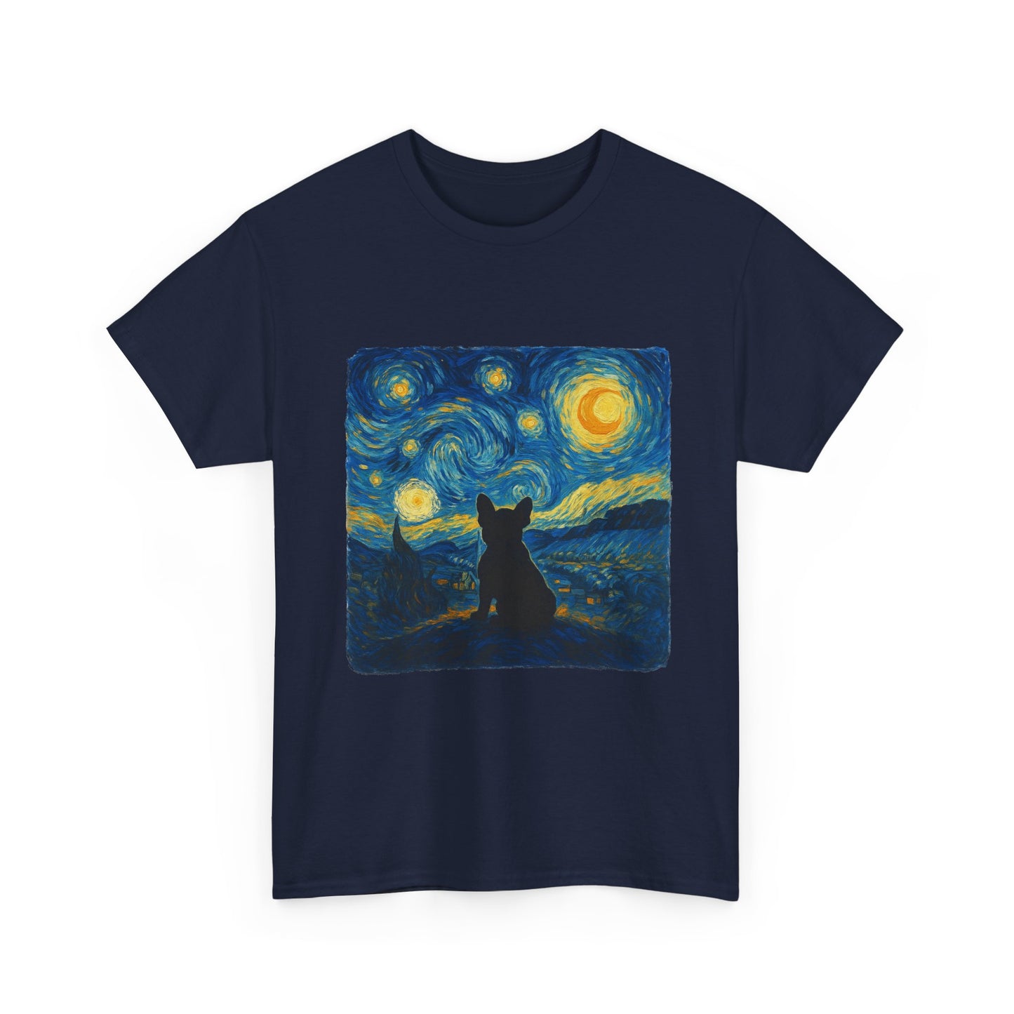 Starry Night Frenchie T-Shirt – Van Gogh Inspired French Bulldog Tee, Artistic Dog Lover Shirt, Unique Gift for Pet Moms & Dads