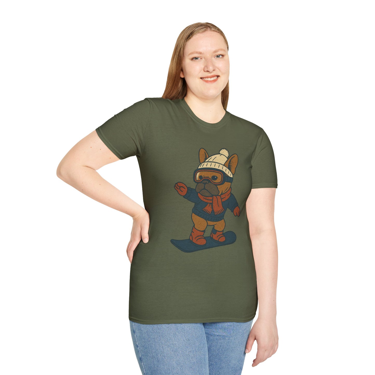 Snowboarding Frenchie T-Shirt | Cute Winter Dog Snowboard Tee | French Bulldog Snowboarder Shirt | Holiday Ski Resort Pup Graphic | Dog Lover Snow Sport Gift