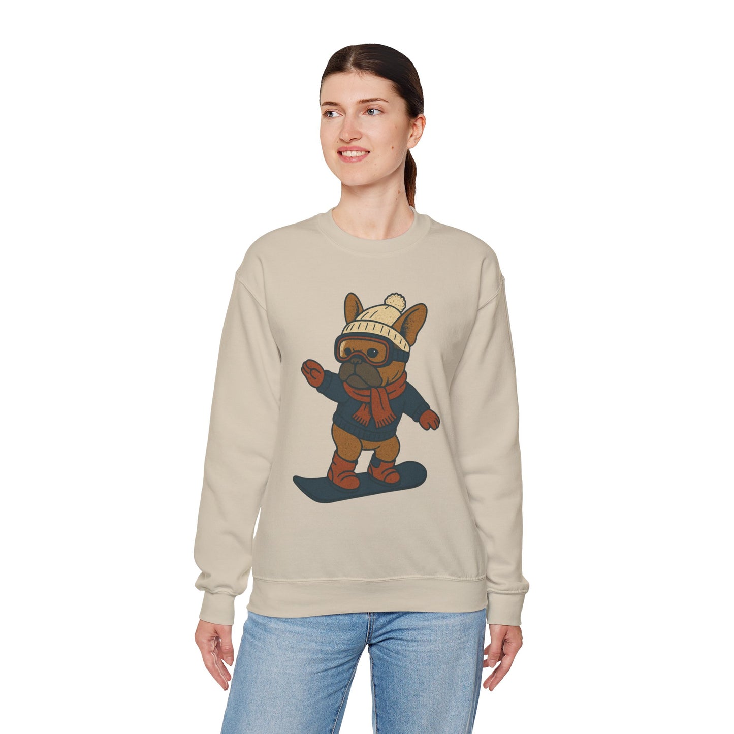 Snowboarding Frenchie Sweatshirt – Cute French Bulldog Winter Sweater, Snowboard Dog Pullover, Cozy Holiday Ski Dog Crewneck, Frenchie Lover Gift