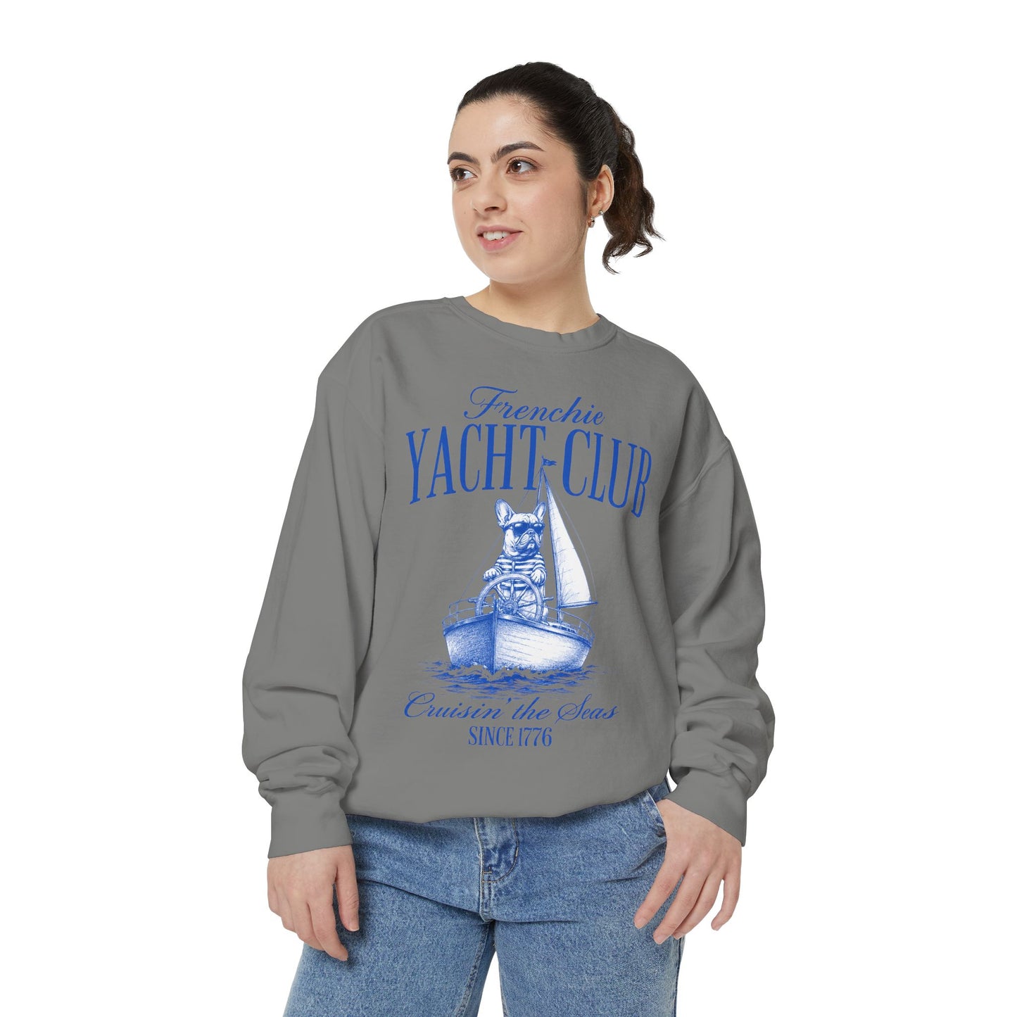 Frenchie Yacht Club Sweatshirt, French Bulldog Nautical Crewneck, Coastal Dog Lover Sweatshirt, Sailing Frenchie Pullover, Beach Club French Bulldog Gift, Preppy Yacht Club Sweatshirt