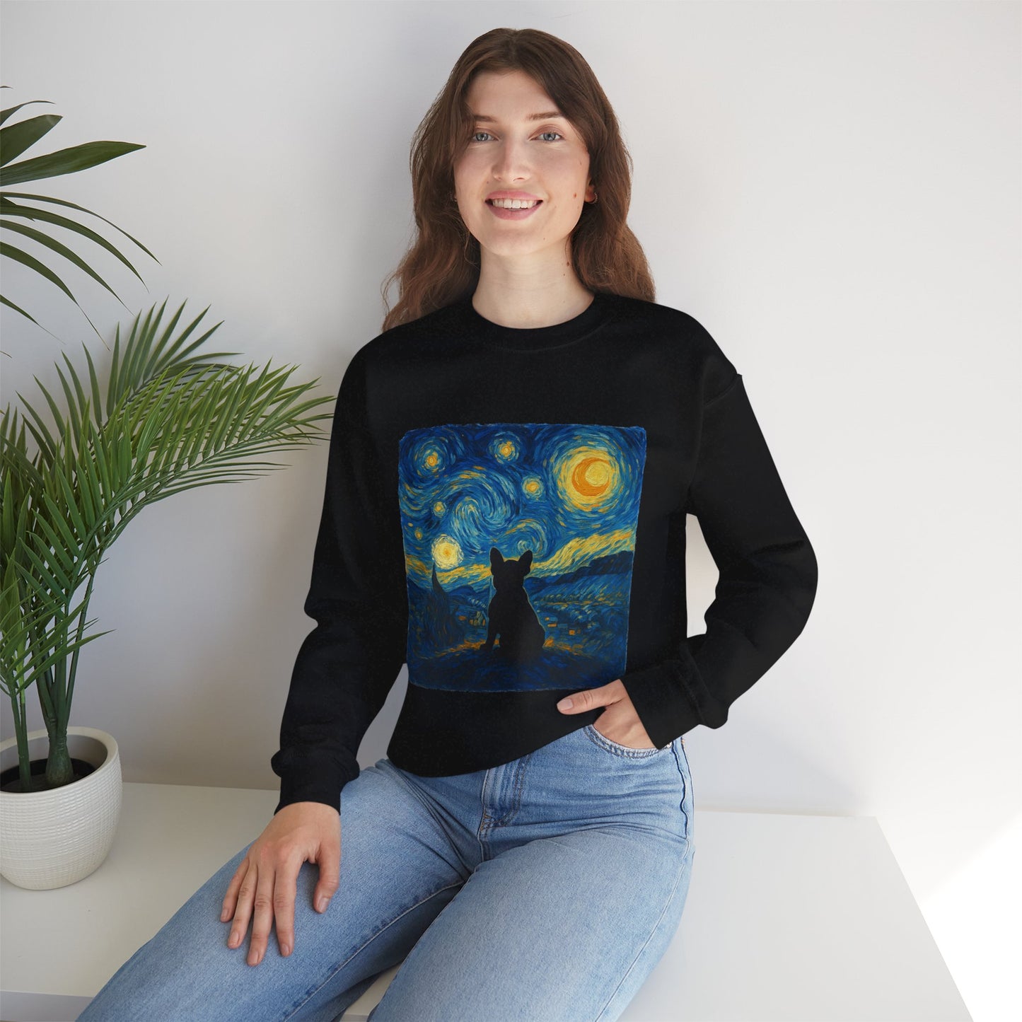 Starry Night Frenchie Sweatshirt – Van Gogh Inspired French Bulldog Art Crewneck, Cozy Dog Lover Gift, Retro Frenchie Sweater