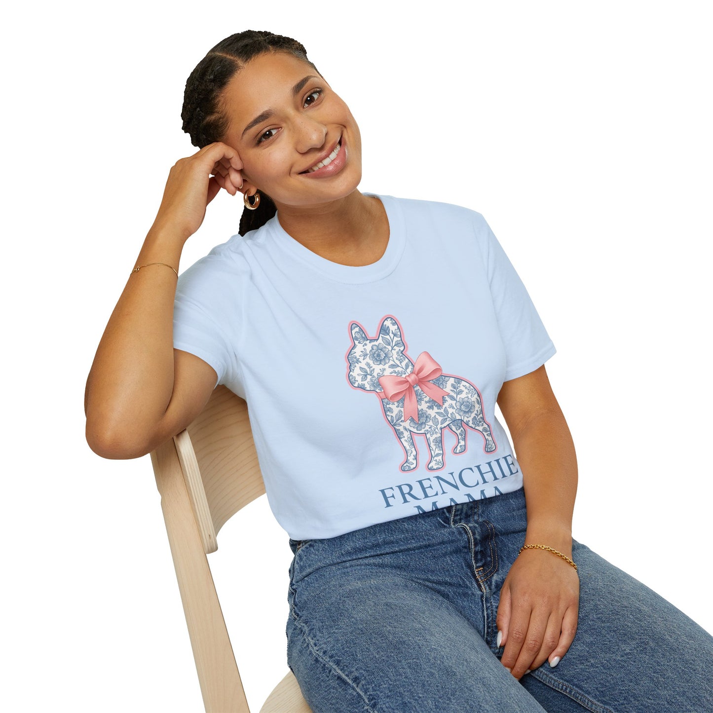 Frenchie Mama Shirt – Floral French Bulldog Silhouette Tee with Pink Bow, Dog Mom Gift, Cute Frenchie Lover T-Shirt, Pastel Dog Mom Apparel