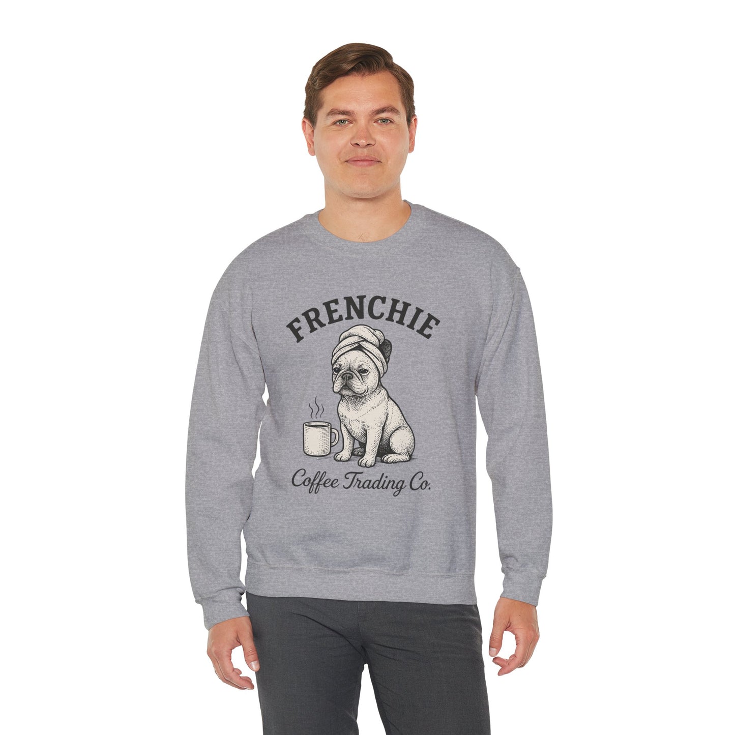 Frenchie Coffee Trading Co. Sweatshirt – Cozy French Bulldog Coffee Lover Crewneck, Vintage Café Dog Sweater, Cute Pet Gift