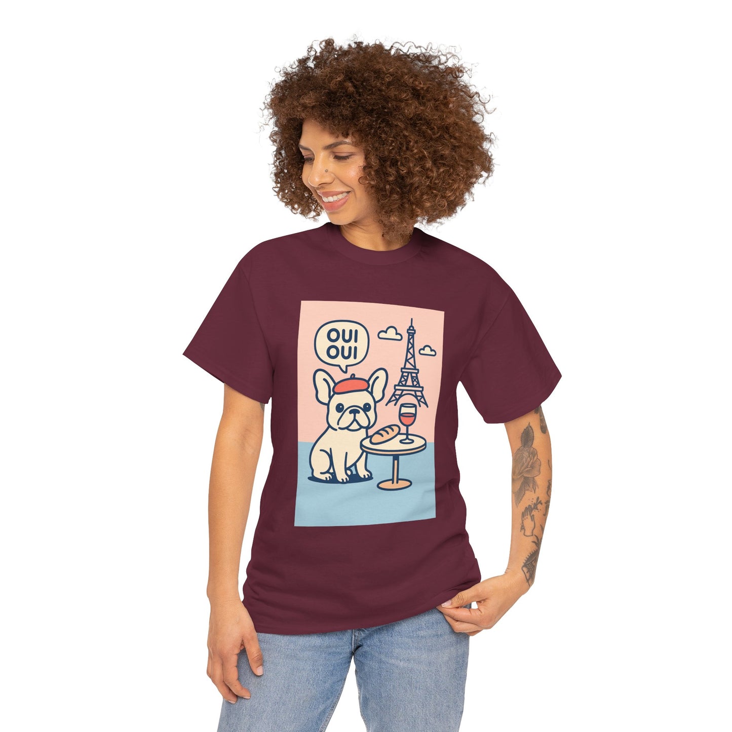 Oui Oui Frenchie Paris T-Shirt – Cute French Bulldog Café Tee, Paris Dog Lover Shirt, Beret & Baguette Graphic, French Bulldog Gift for Women & Men