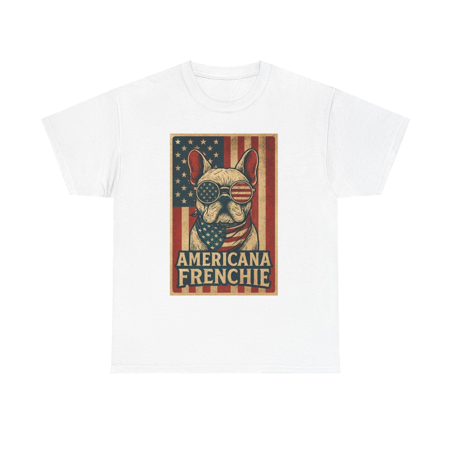 Americana Frenchie T-Shirt – Patriotic French Bulldog Tee, USA Flag Dog Shirt, 4th of July Frenchie Gift, Vintage Retro Style