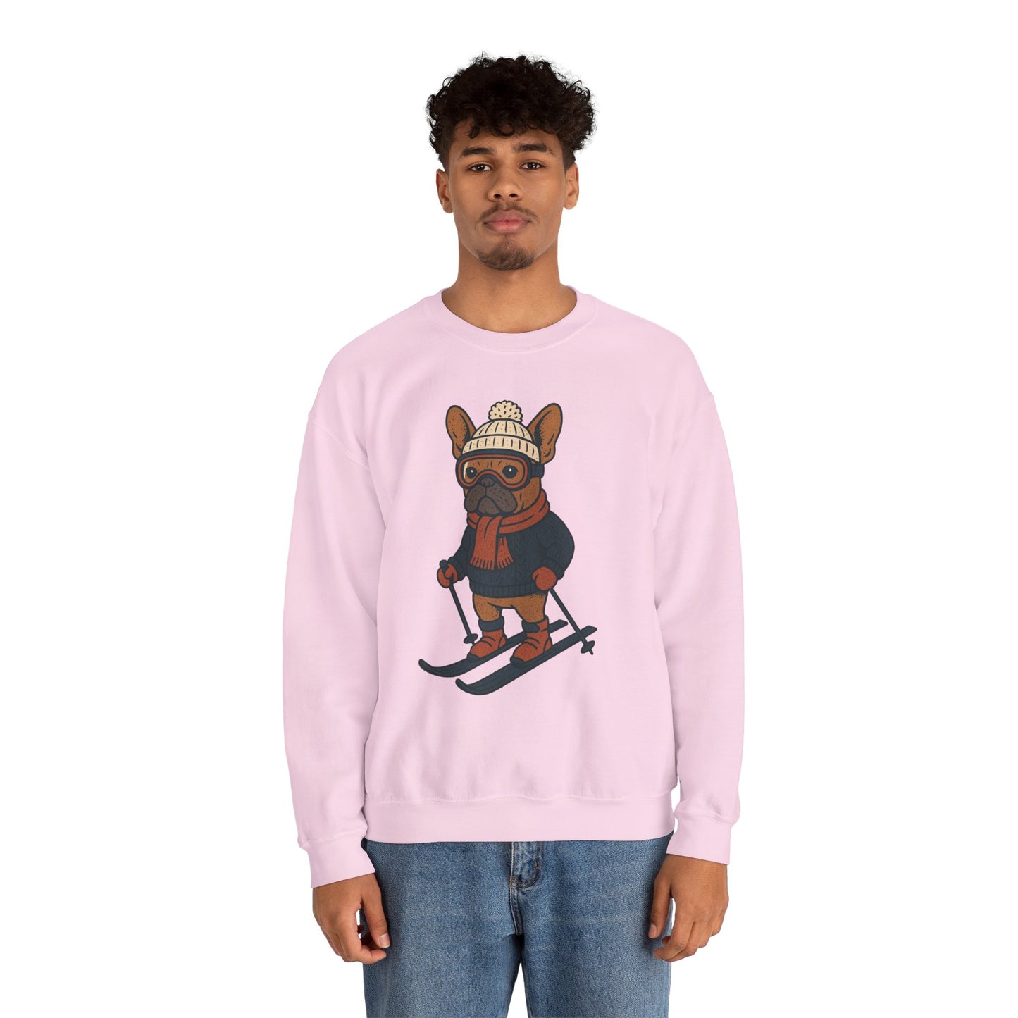 Skiing Frenchie Sweatshirt – Cute Winter French Bulldog Pullover, Cozy Ski Dog Sweater, Funny Dog Lover Gift, Winter Sports Bulldog Crewneck