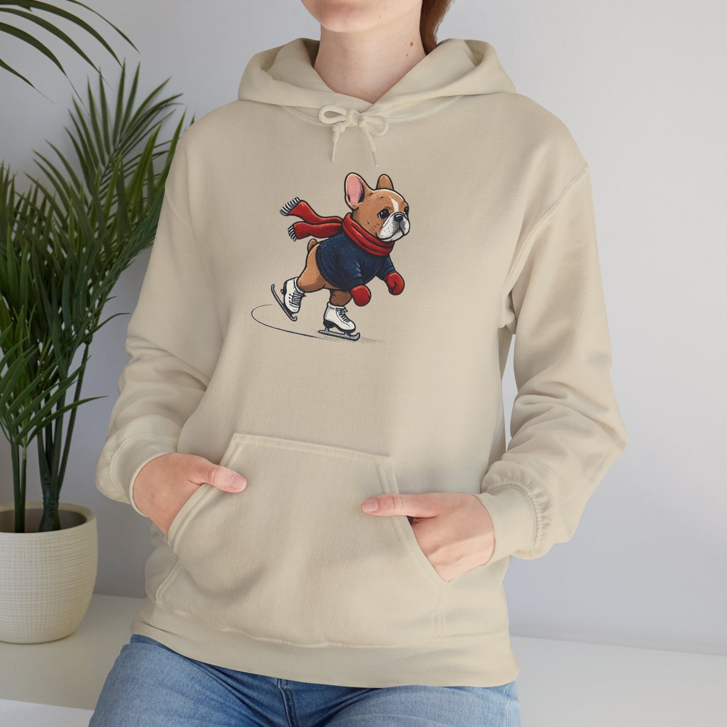 Ice Skating Frenchie Hoodie – Cute Winter French Bulldog Sweatshirt, Holiday Dog Lover Gift, Cozy Skating Pup Hoodie, Frenchie Christmas Hoodie