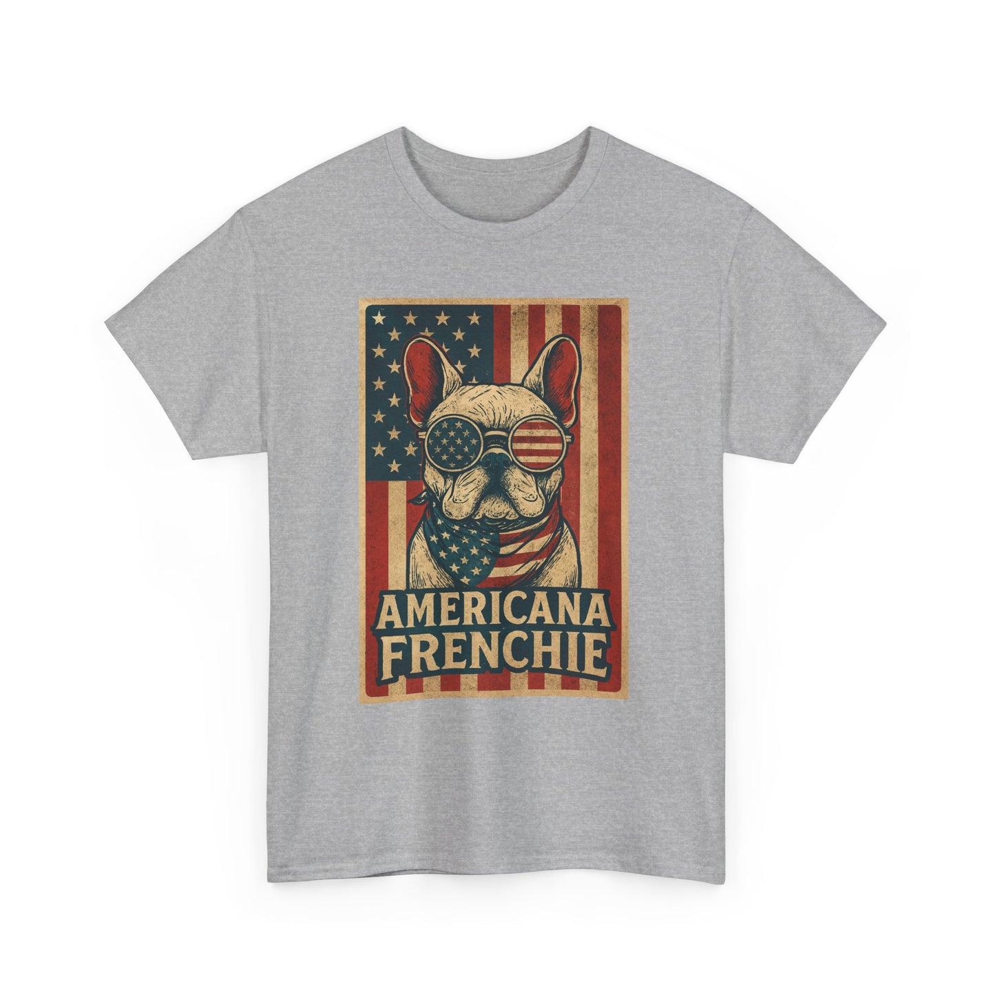 Americana Frenchie T-Shirt – Patriotic French Bulldog Tee, USA Flag Dog Shirt, 4th of July Frenchie Gift, Vintage Retro Style