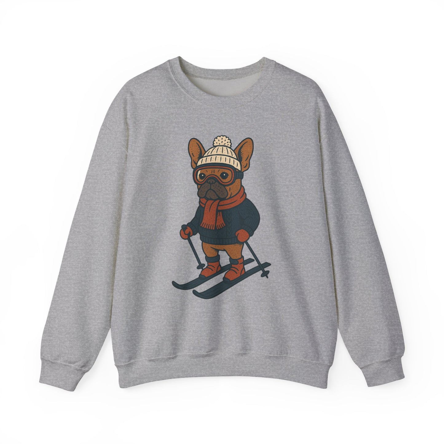 Skiing Frenchie Sweatshirt – Cute Winter French Bulldog Pullover, Cozy Ski Dog Sweater, Funny Dog Lover Gift, Winter Sports Bulldog Crewneck