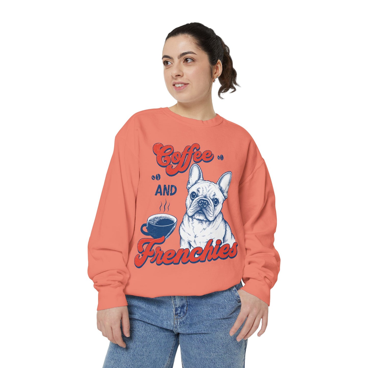 Coffee and Frenchies Sweatshirt, French Bulldog Coffee Crewneck, Frenchie Lover Pullover, Dog Mom Sweatshirt, Coffee Lover Gift, Cozy French Bulldog Sweatshirt