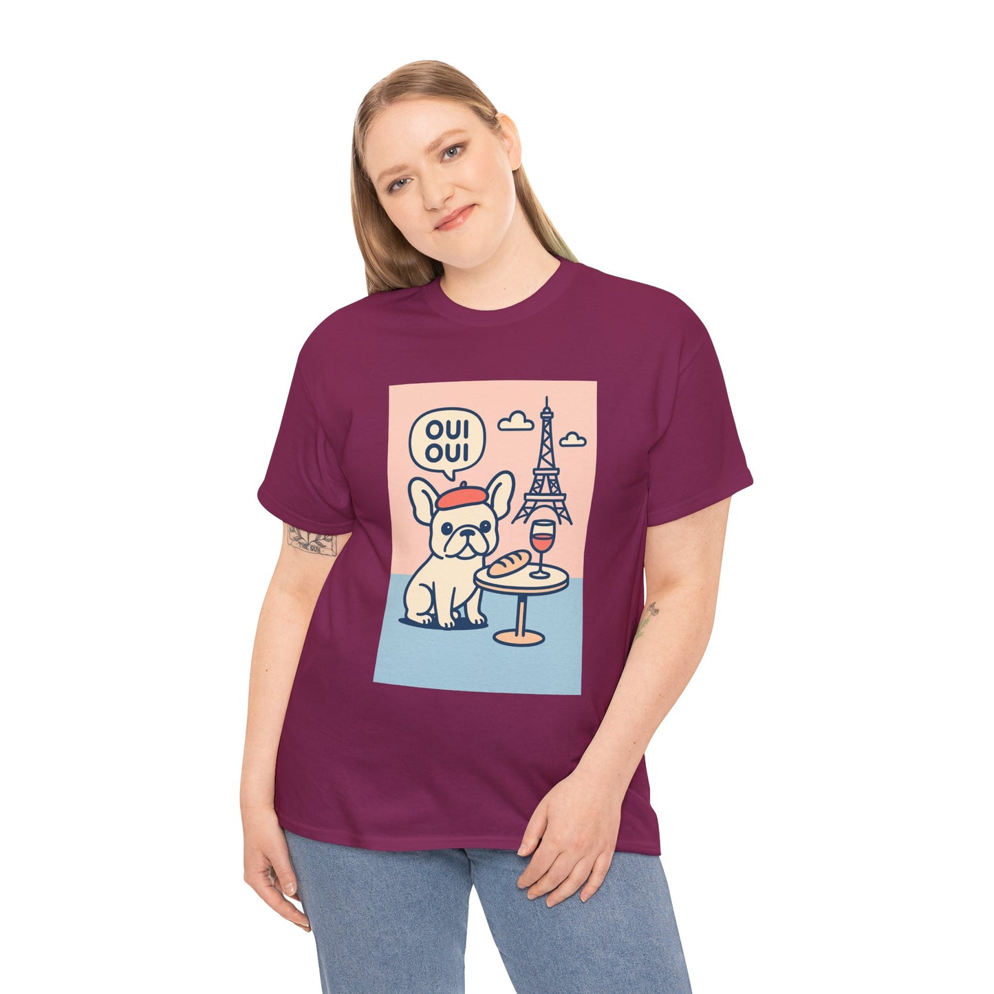 Oui Oui Frenchie Paris T-Shirt – Cute French Bulldog Café Tee, Paris Dog Lover Shirt, Beret & Baguette Graphic, French Bulldog Gift for Women & Men