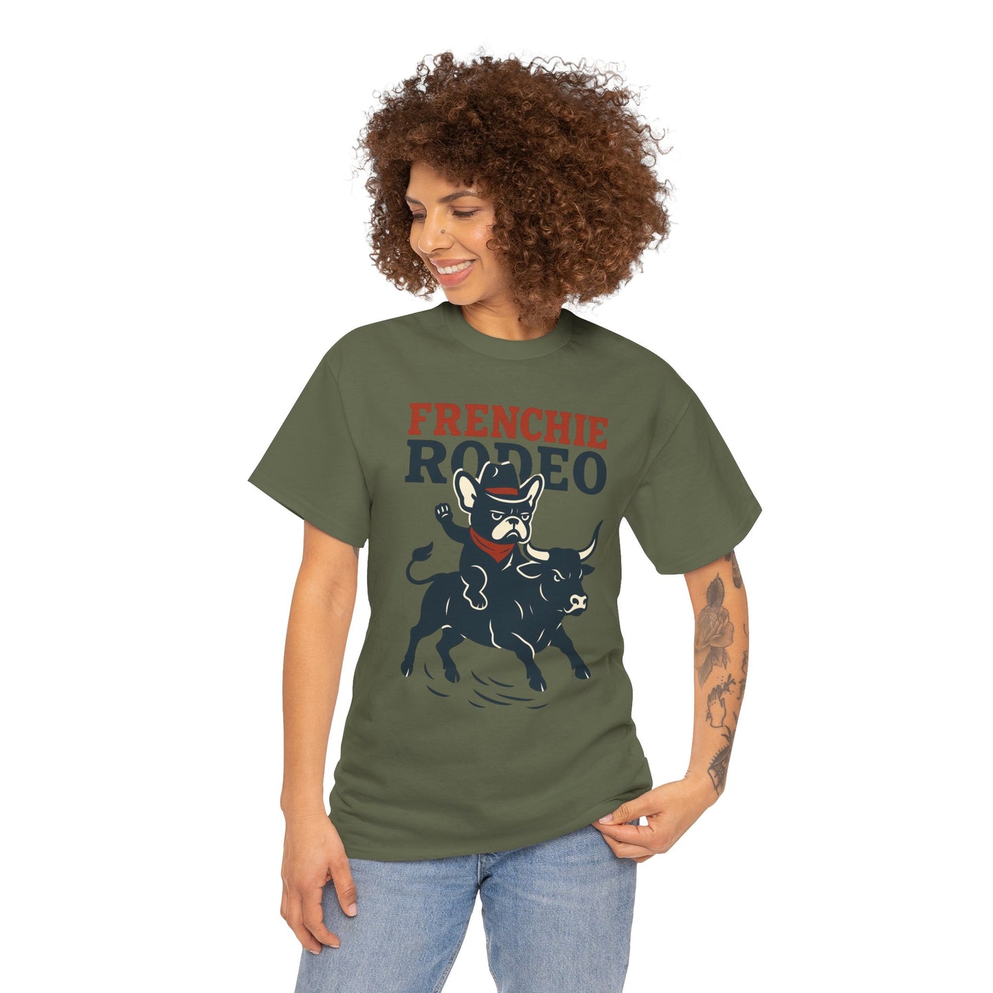 Frenchie Rodeo T-Shirt | Cowboy French Bulldog Graphic Tee | Funny Western Dog Lover Shirt | Frenchie Bull Rider Gift | Rodeo Style Tee