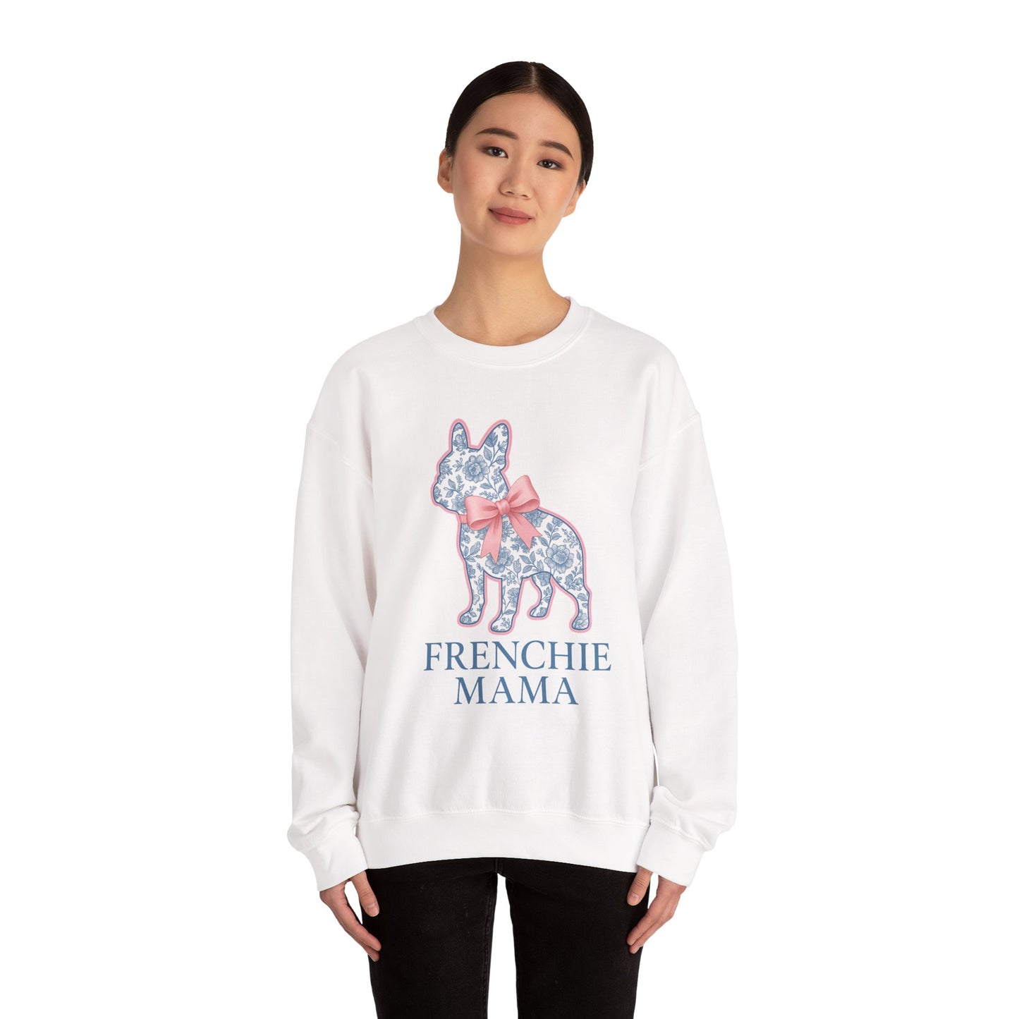 Frenchie Mama Sweatshirt – Blue Floral French Bulldog with Pink Bow, Cute Dog Mom Crewneck, French Bulldog Lover Gift, Cozy Dog Mom Sweater